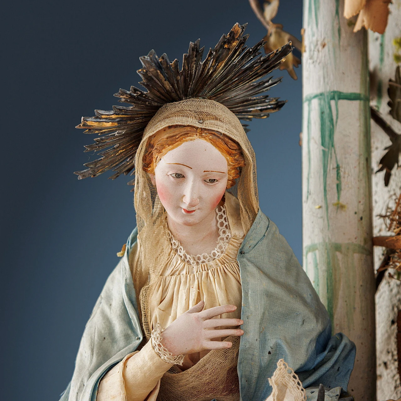 Holy Family with ox & donkey nativity scene in wood, 19th century 5