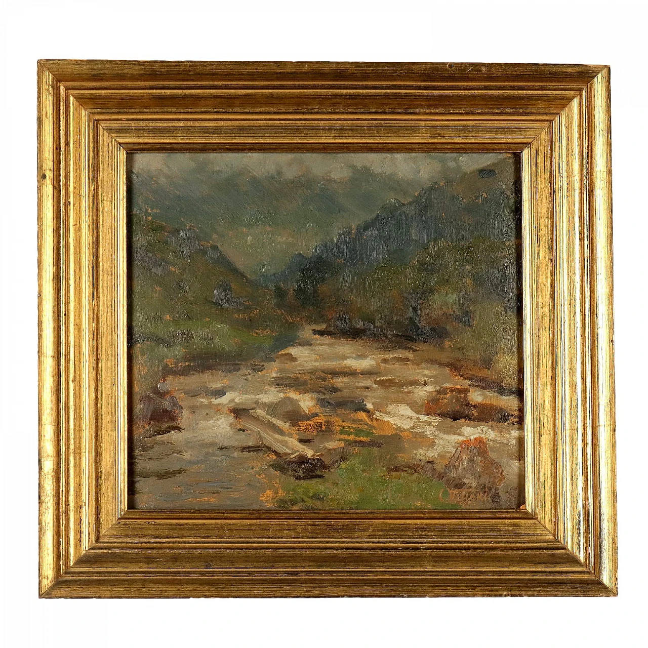 Carlo Vittori, Paesaggio montano con torrente, olio su cartone 1