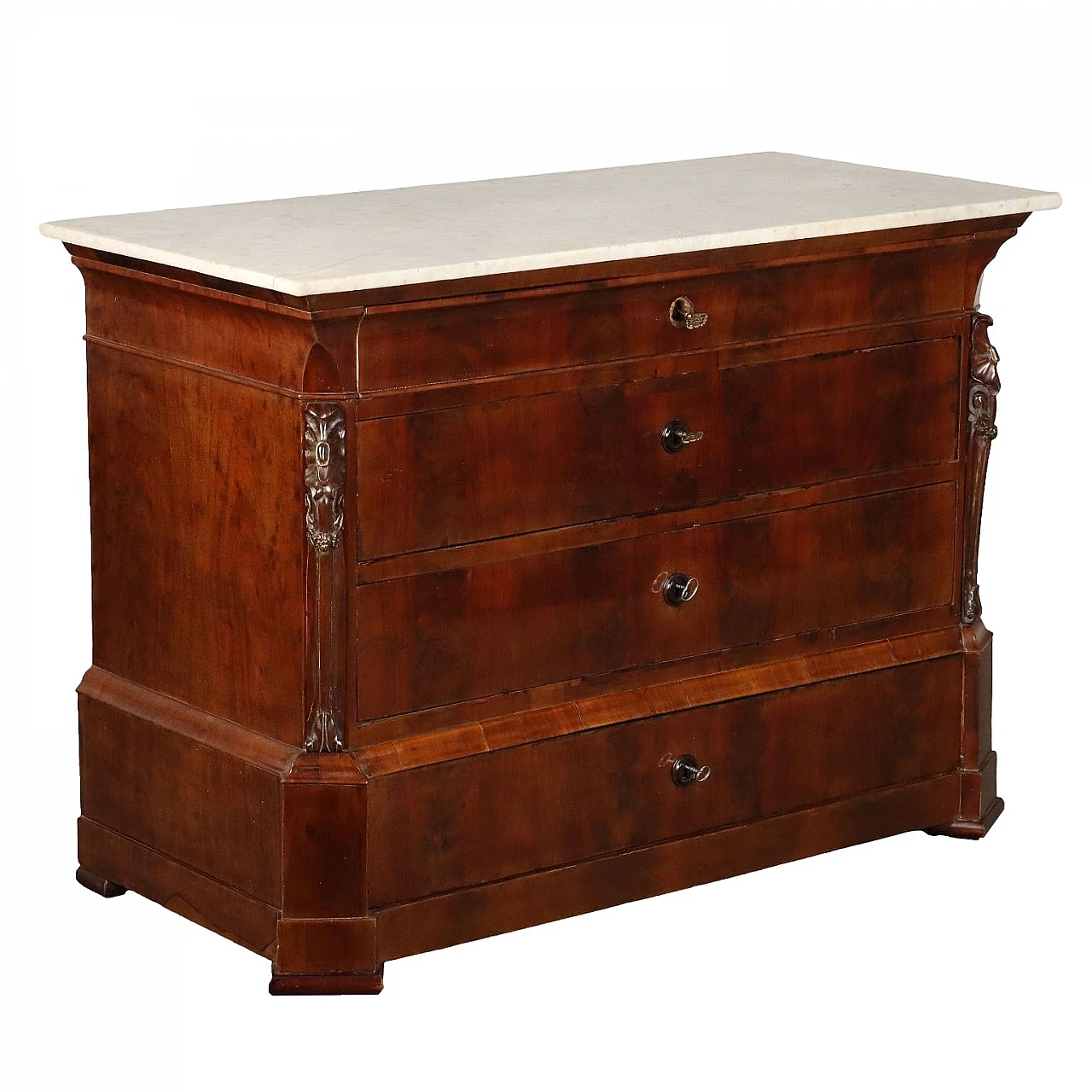 Mahogany veneered chest of drawers with marble top, 19th century 1