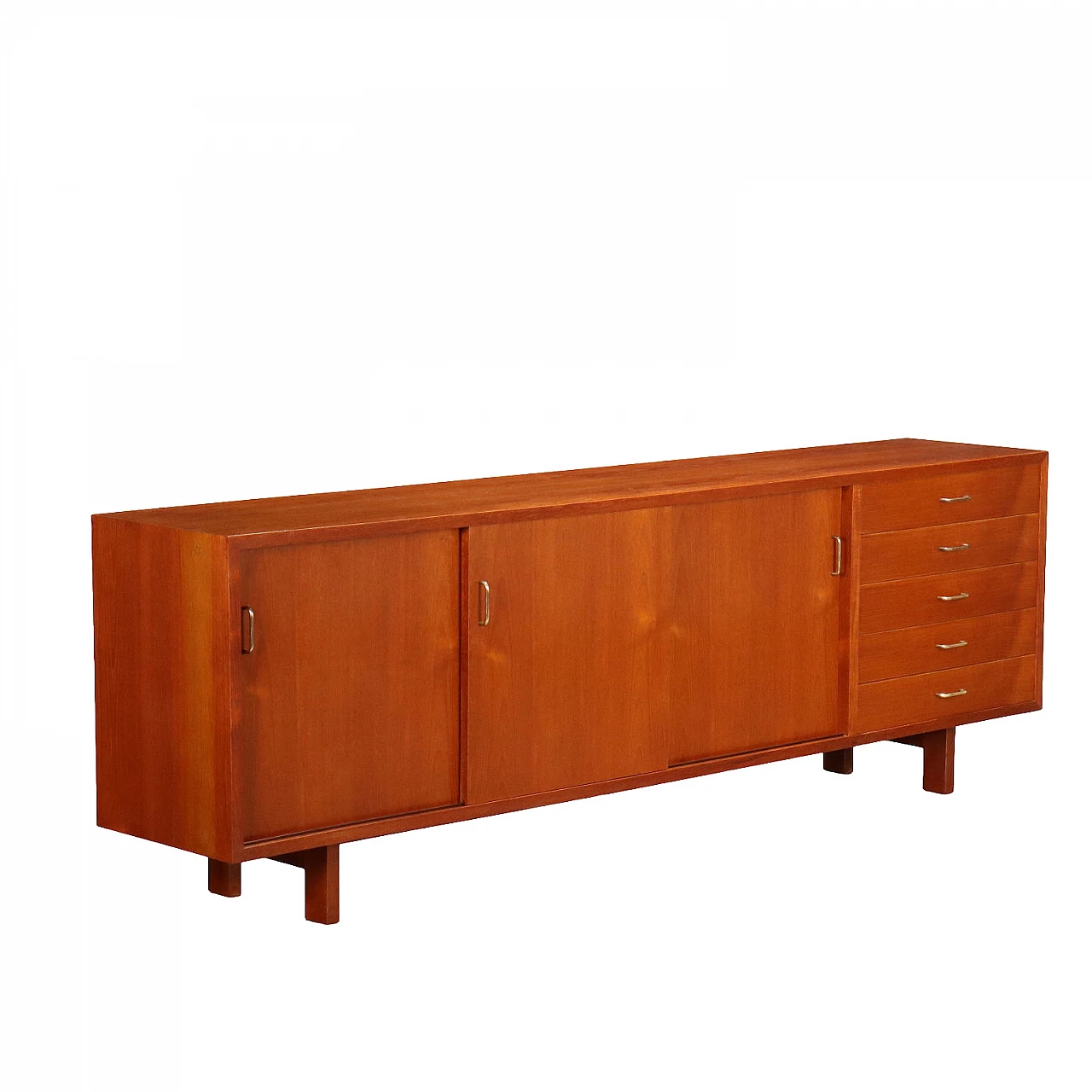 Credenza in legno impiallacciato teak con maniglie in ottone, anni '60 1