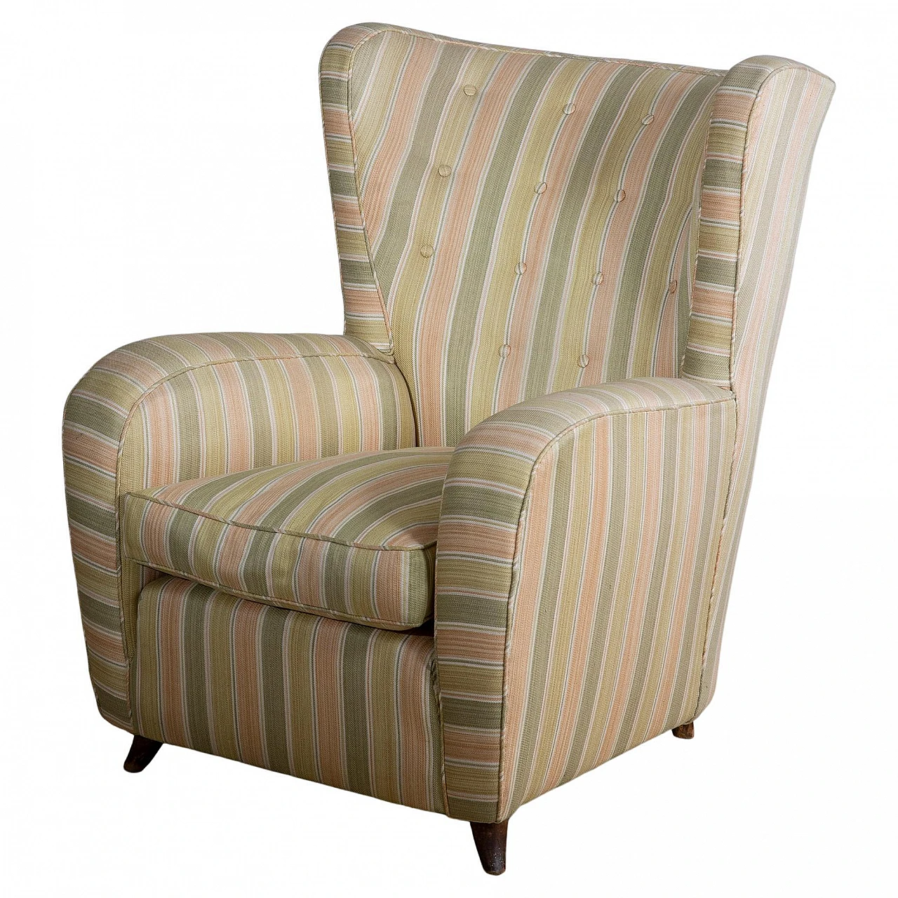 Reading armchair with striped fabric and walnut feet, 1950s 1