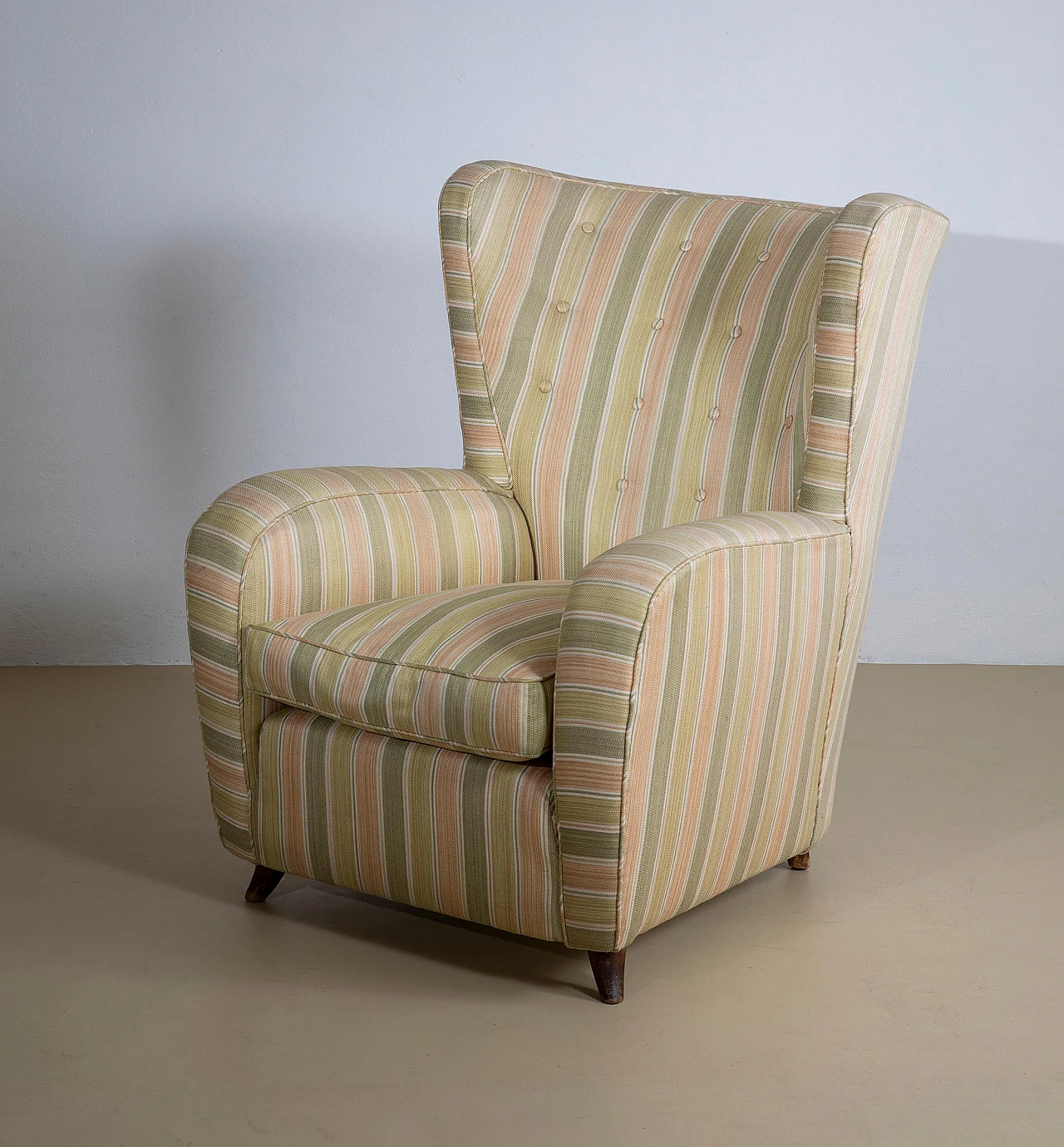 Reading armchair with striped fabric and walnut feet, 1950s 2