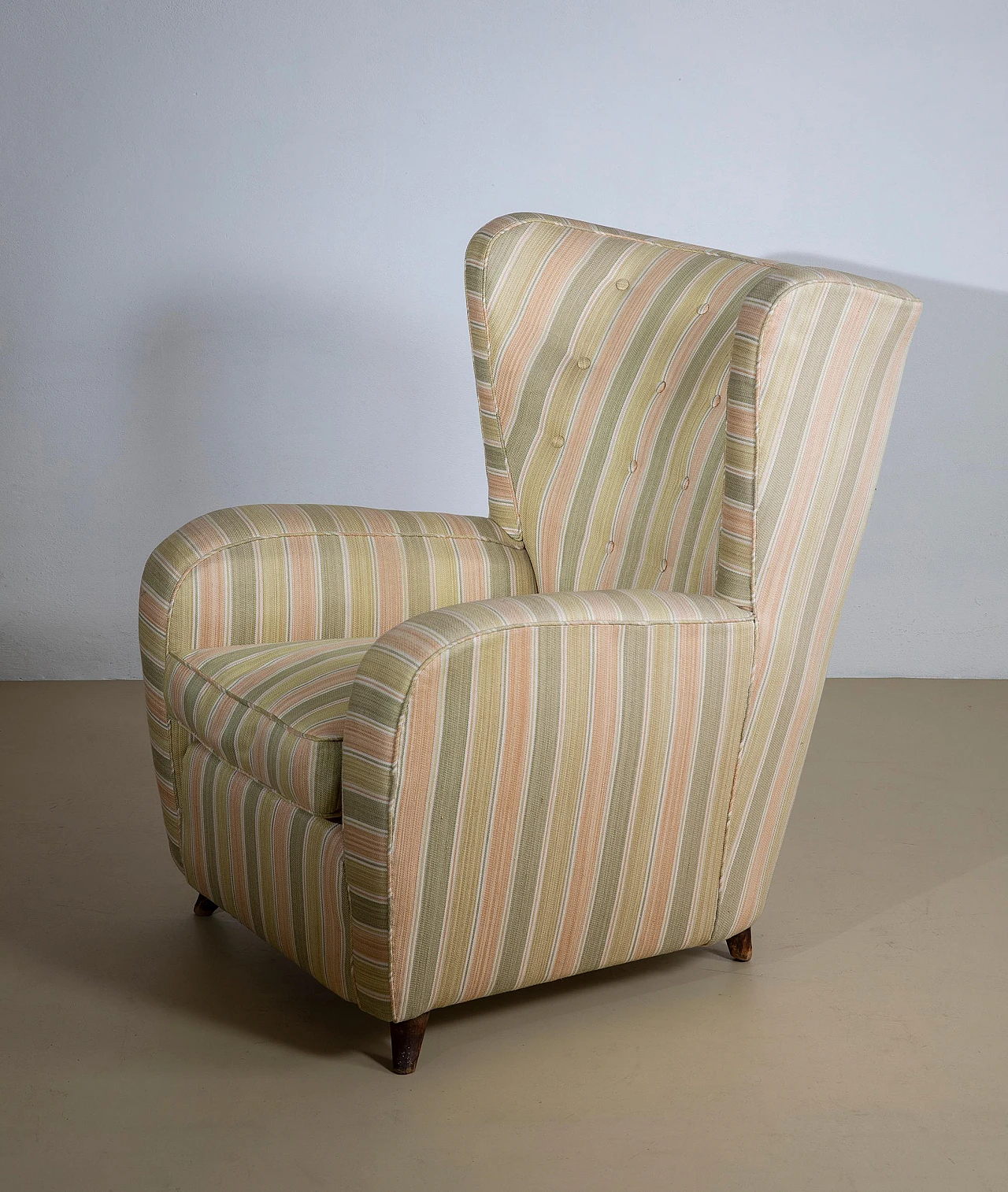 Reading armchair with striped fabric and walnut feet, 1950s 3