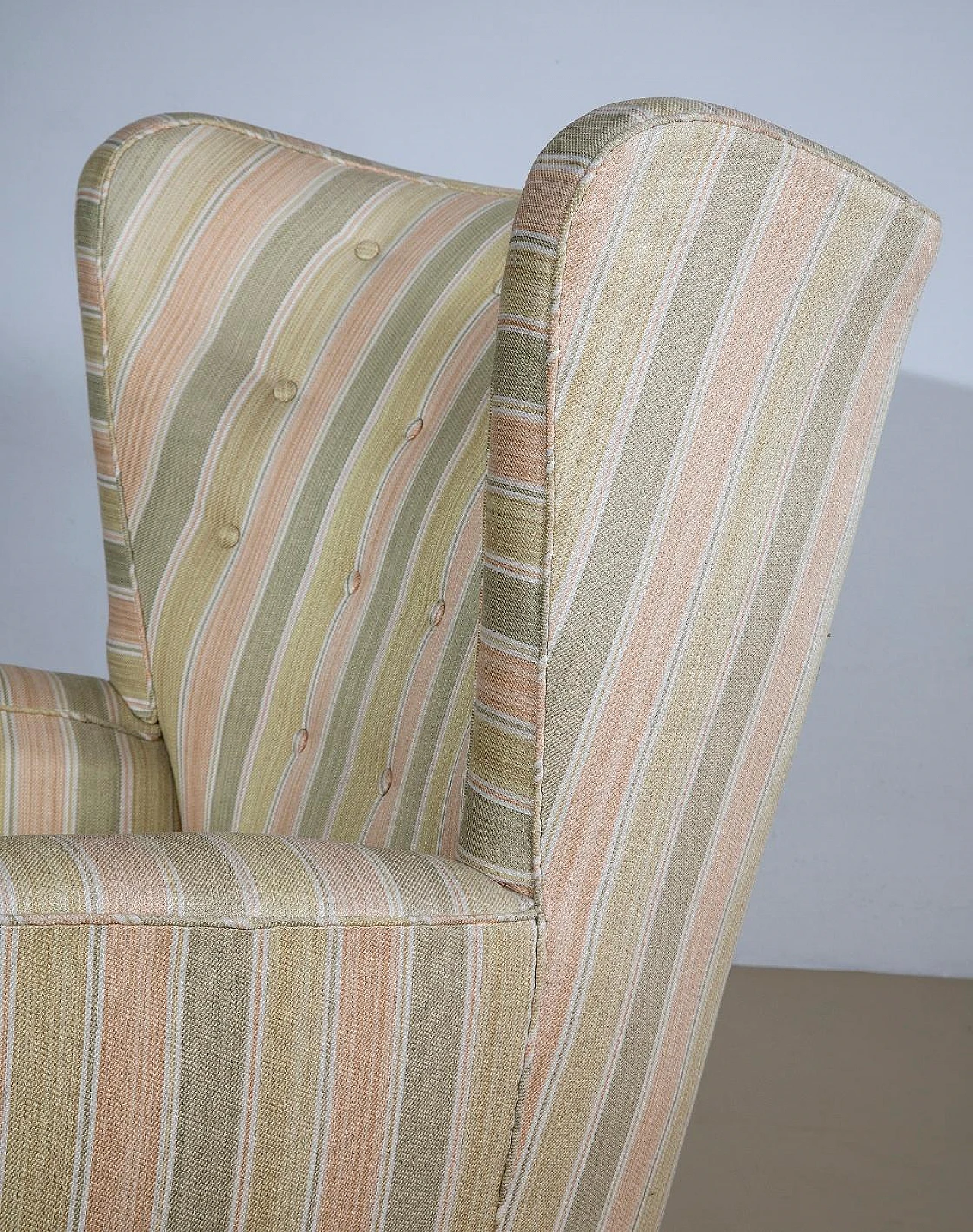 Reading armchair with striped fabric and walnut feet, 1950s 4
