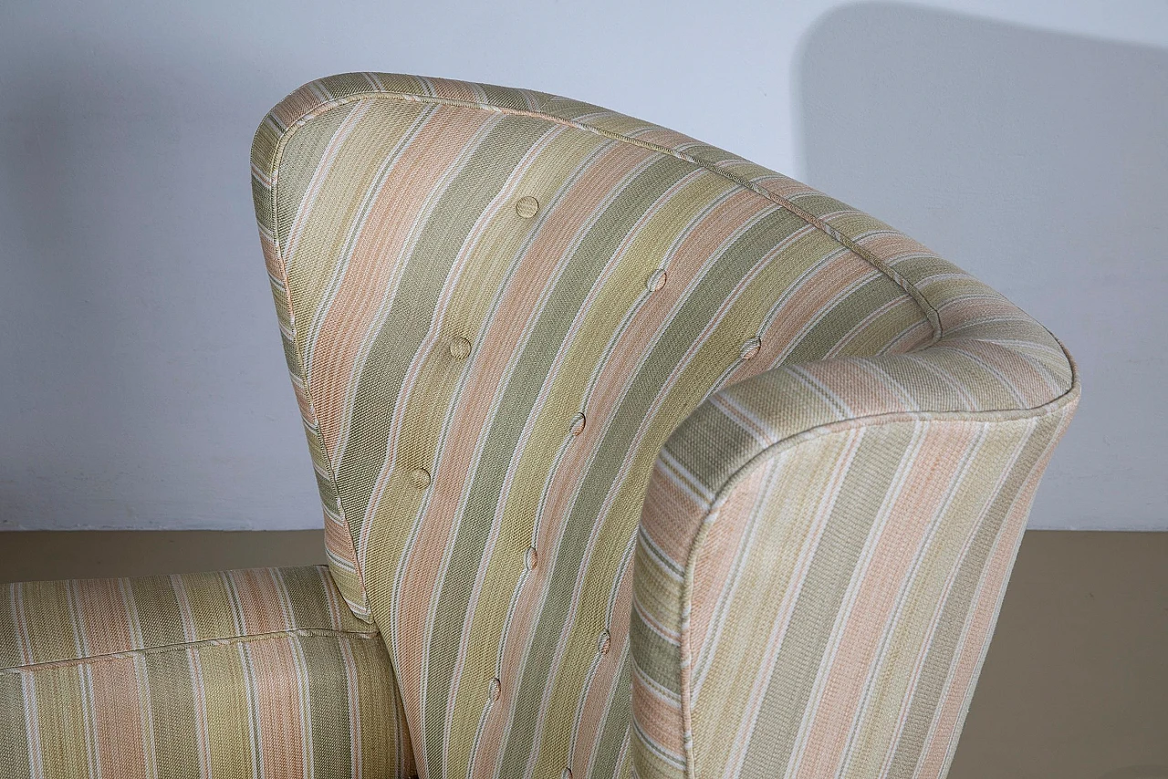 Reading armchair with striped fabric and walnut feet, 1950s 5