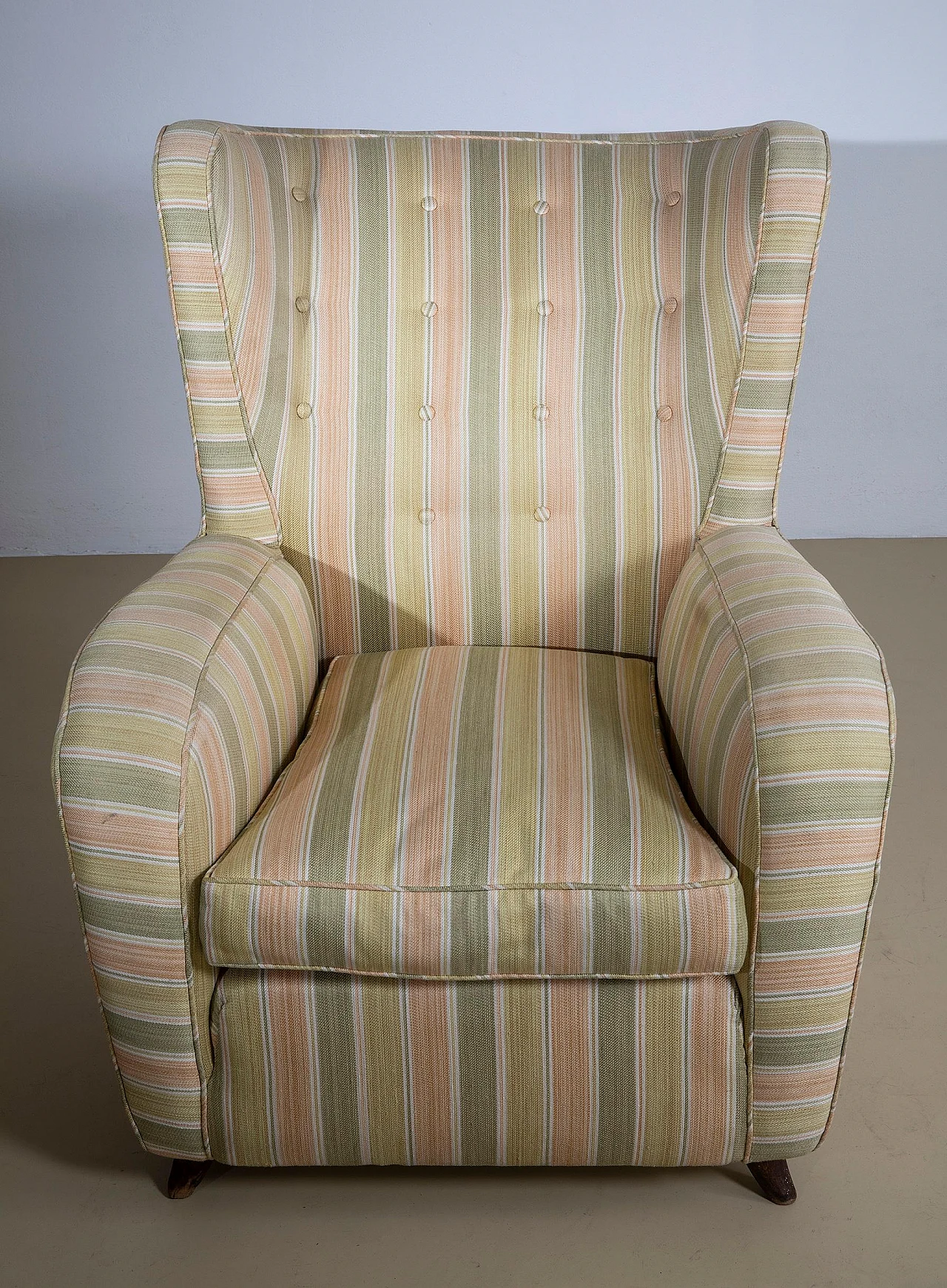 Reading armchair with striped fabric and walnut feet, 1950s 6