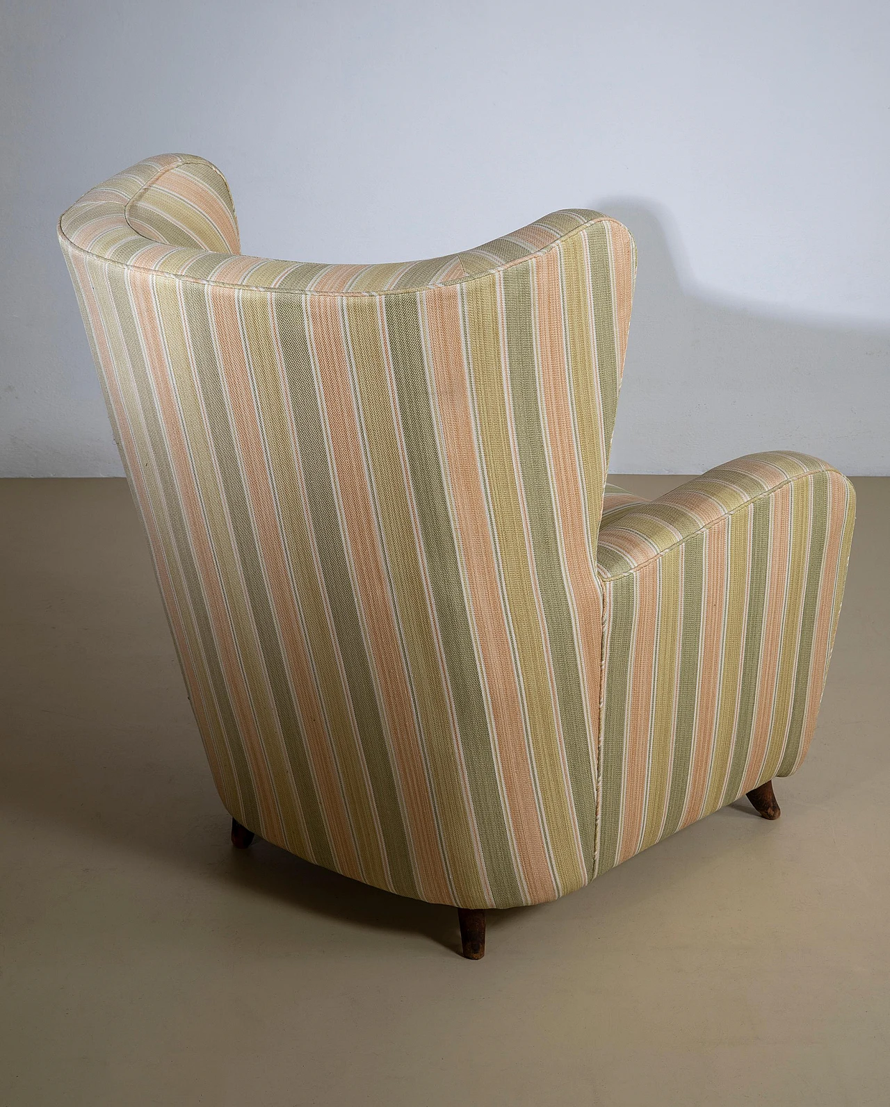 Reading armchair with striped fabric and walnut feet, 1950s 7