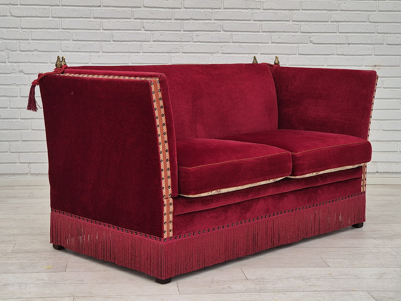 Danish 2-seater sofa in ash wood with red velour covering, 1970s 1