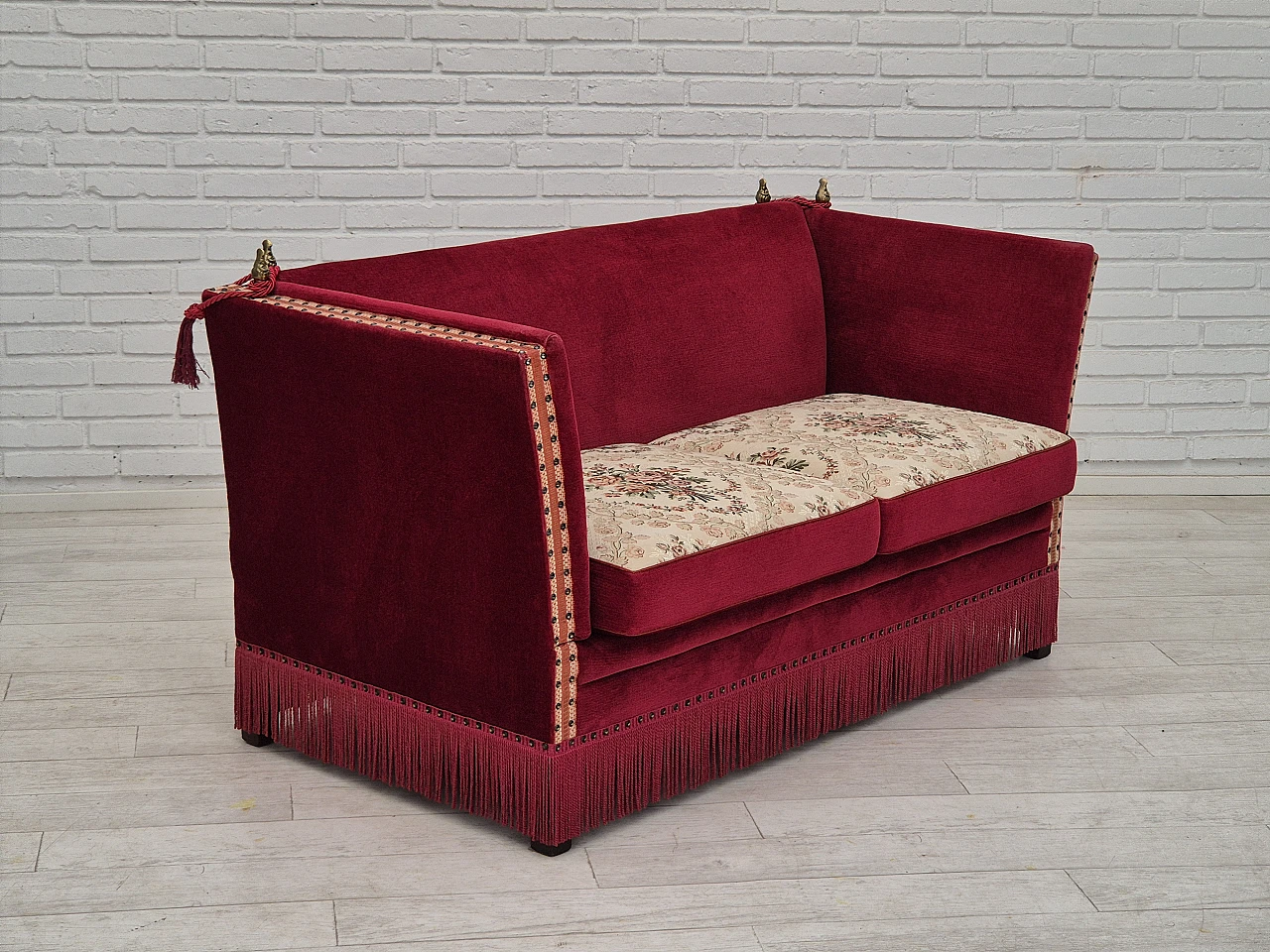 Danish 2-seater sofa in ash wood with red velour covering, 1970s 2
