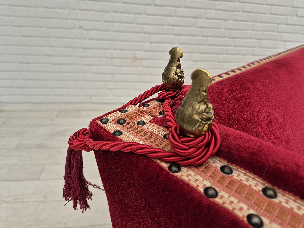 Danish 2-seater sofa in ash wood with red velour covering, 1970s 4