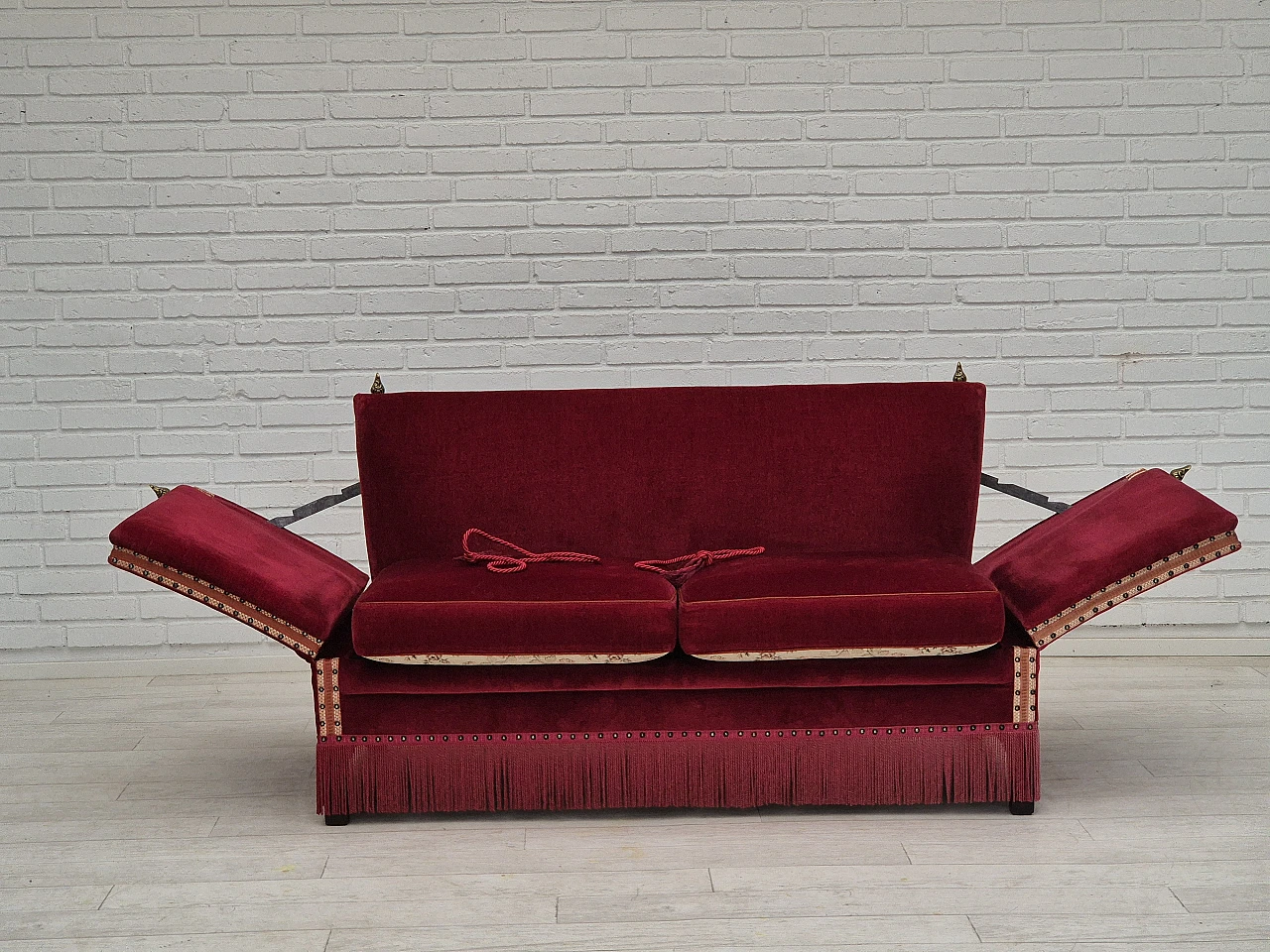 Danish 2-seater sofa in ash wood with red velour covering, 1970s 11