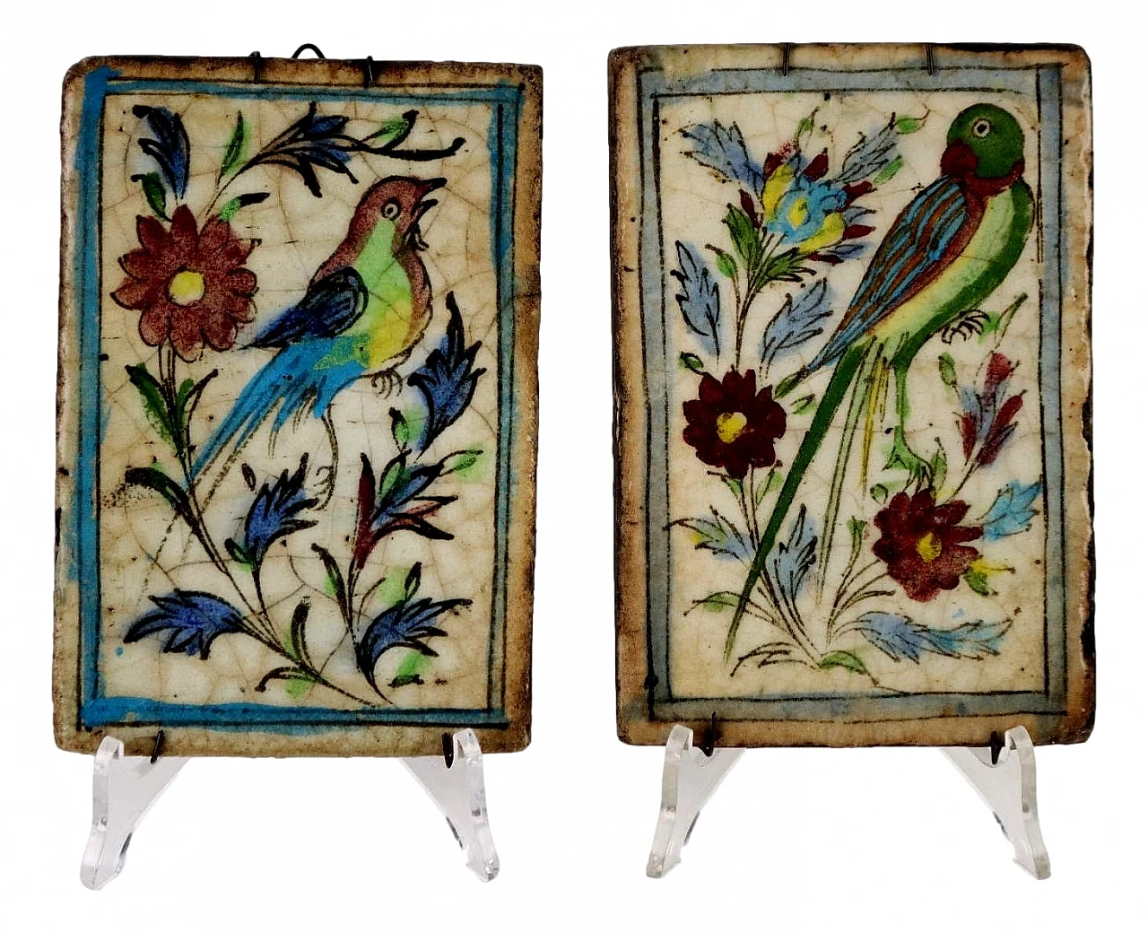 Pair of hand-painted glazed terracotta tiles, 19th century 1