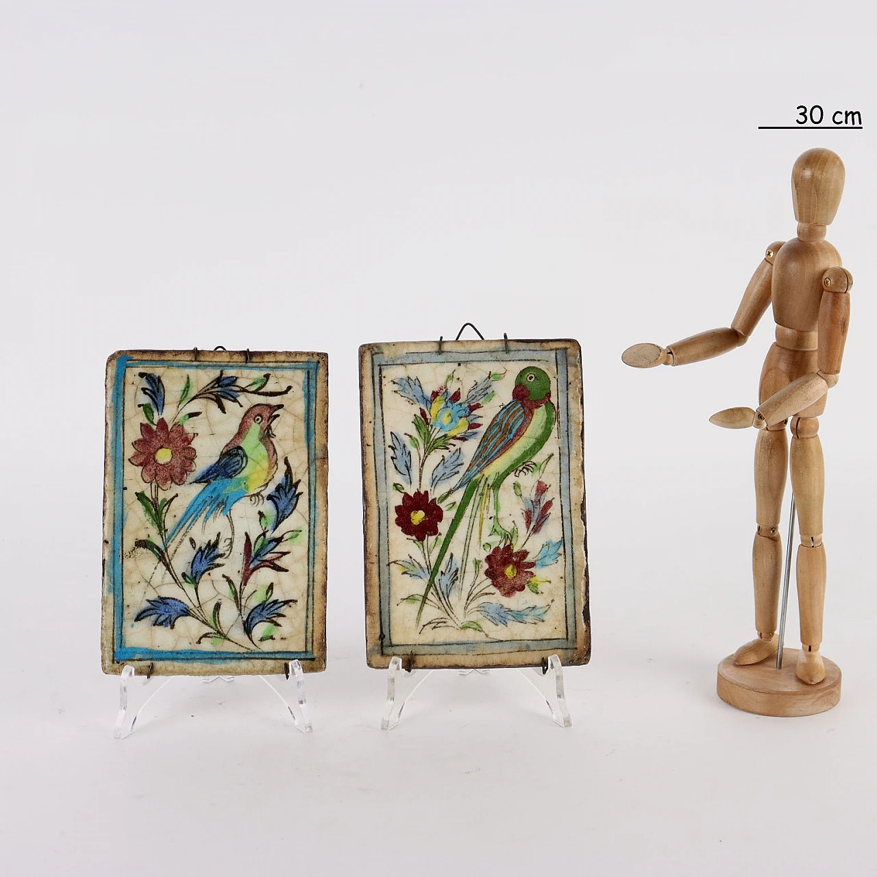 Pair of hand-painted glazed terracotta tiles, 19th century 2