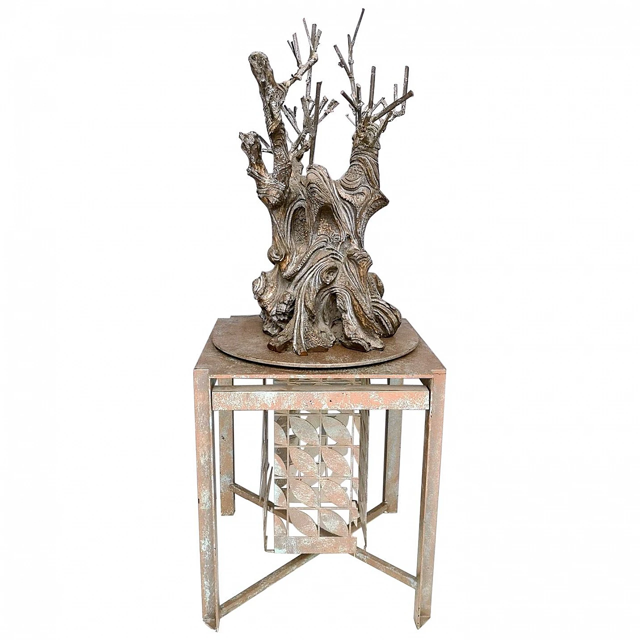 Bronze and varnished iron sculpture with revolving tree, 1980s 1