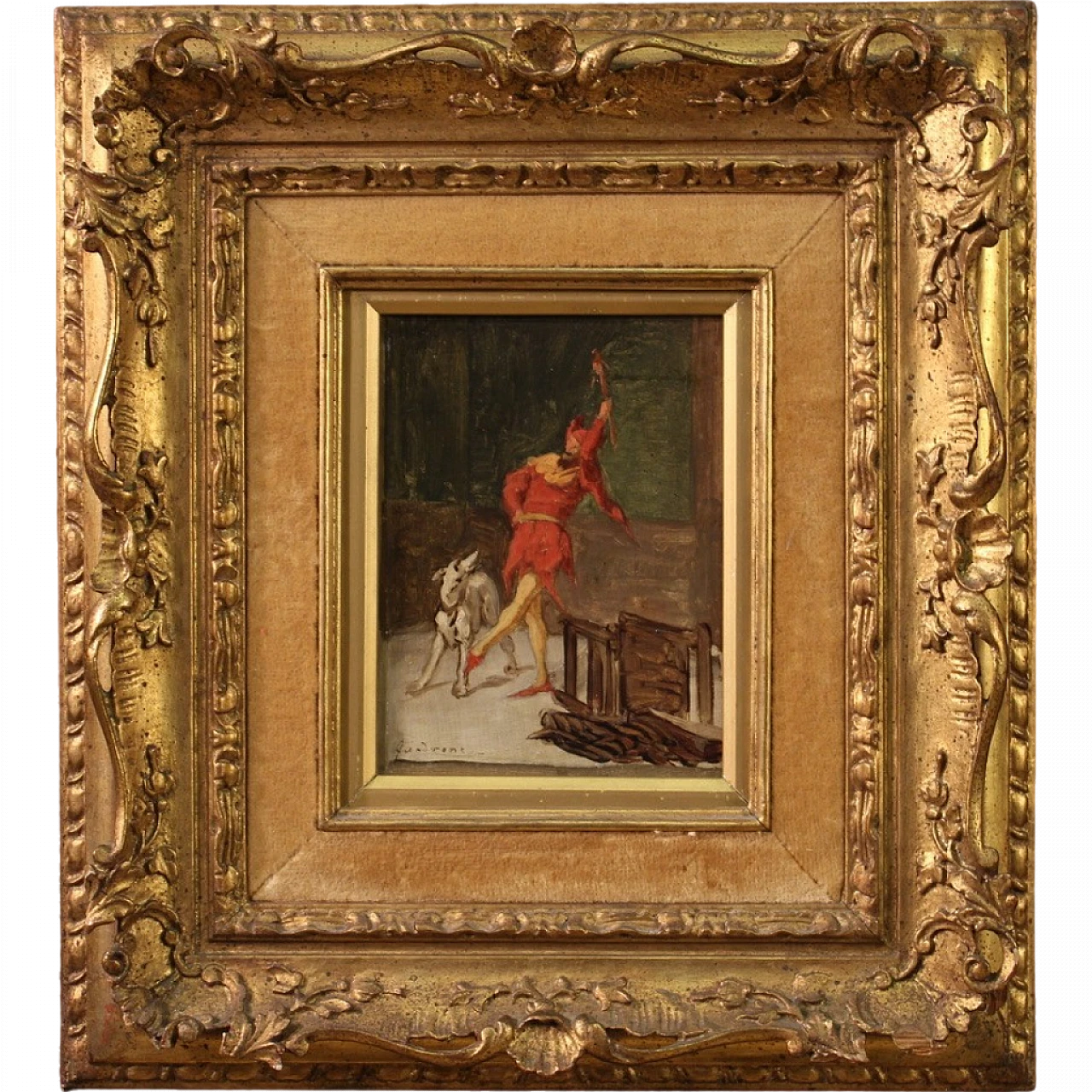 イタリアアンティークGiovanni Battista Quadrone 額装 Attributed to Quadrone, Dancing jester, oil on canvas, 19th