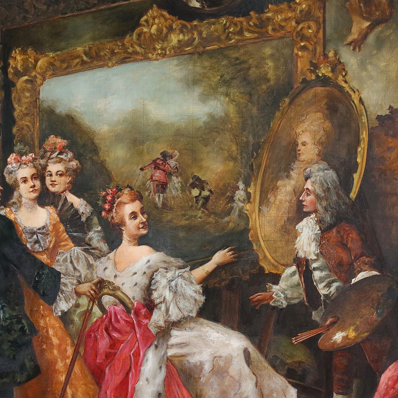 Scena di genere a corte con regina e pittore, dipinto a olio su tela 1