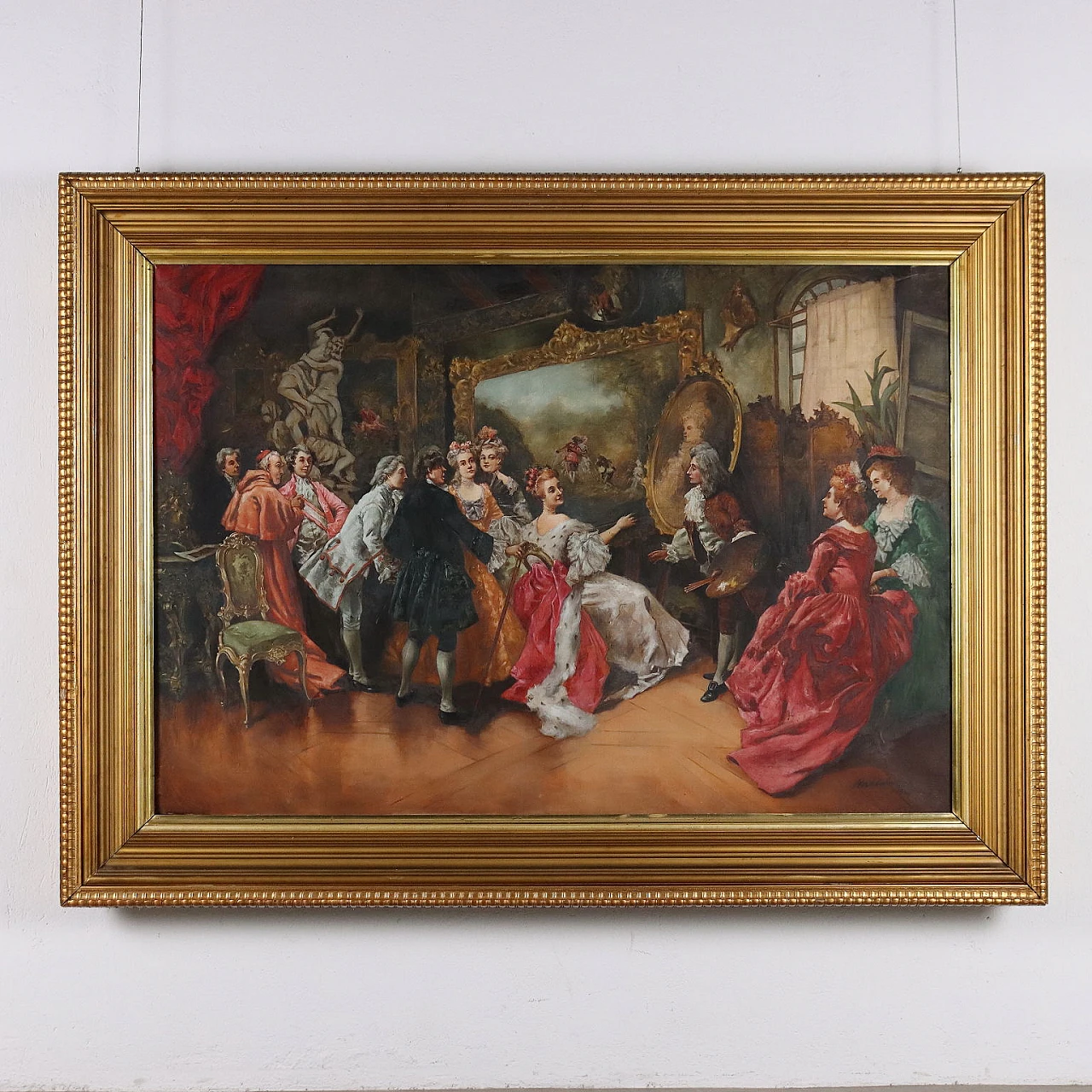 Scena di genere a corte con regina e pittore, dipinto a olio su tela 2