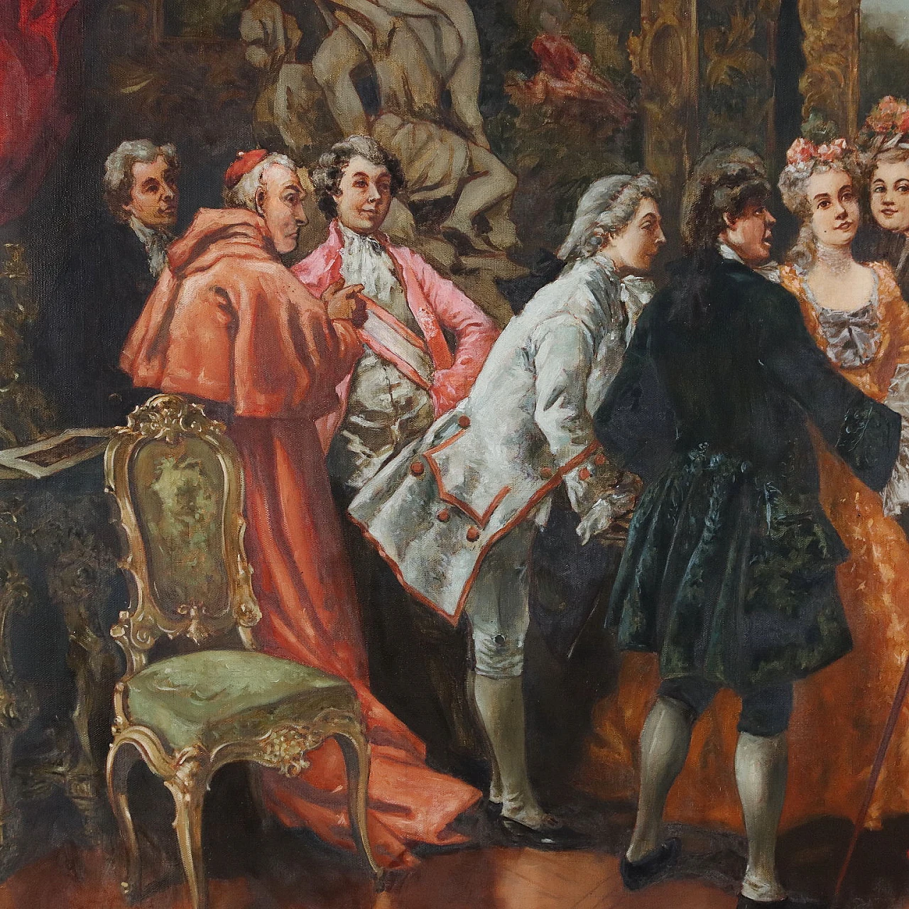 Scena di genere a corte con regina e pittore, dipinto a olio su tela 4
