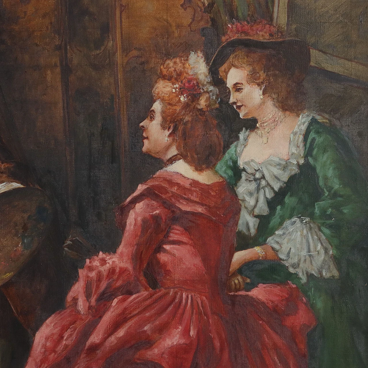 Scena di genere a corte con regina e pittore, dipinto a olio su tela 7