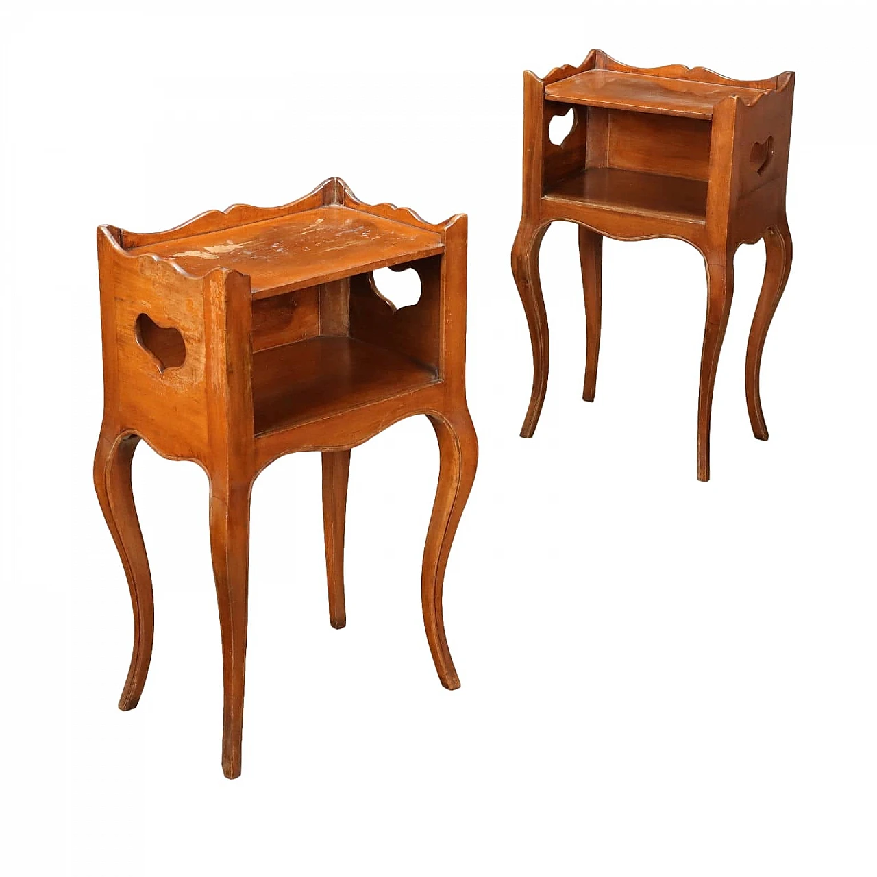 Pair of mahogany bedside tables with open compartment and carvings 1