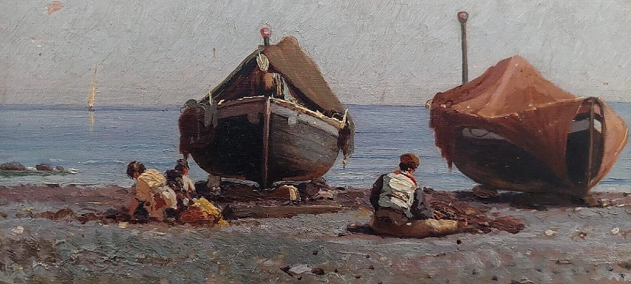 Augusto Corelli, pescatori, dipinto a olio su tavola, fine '800 3