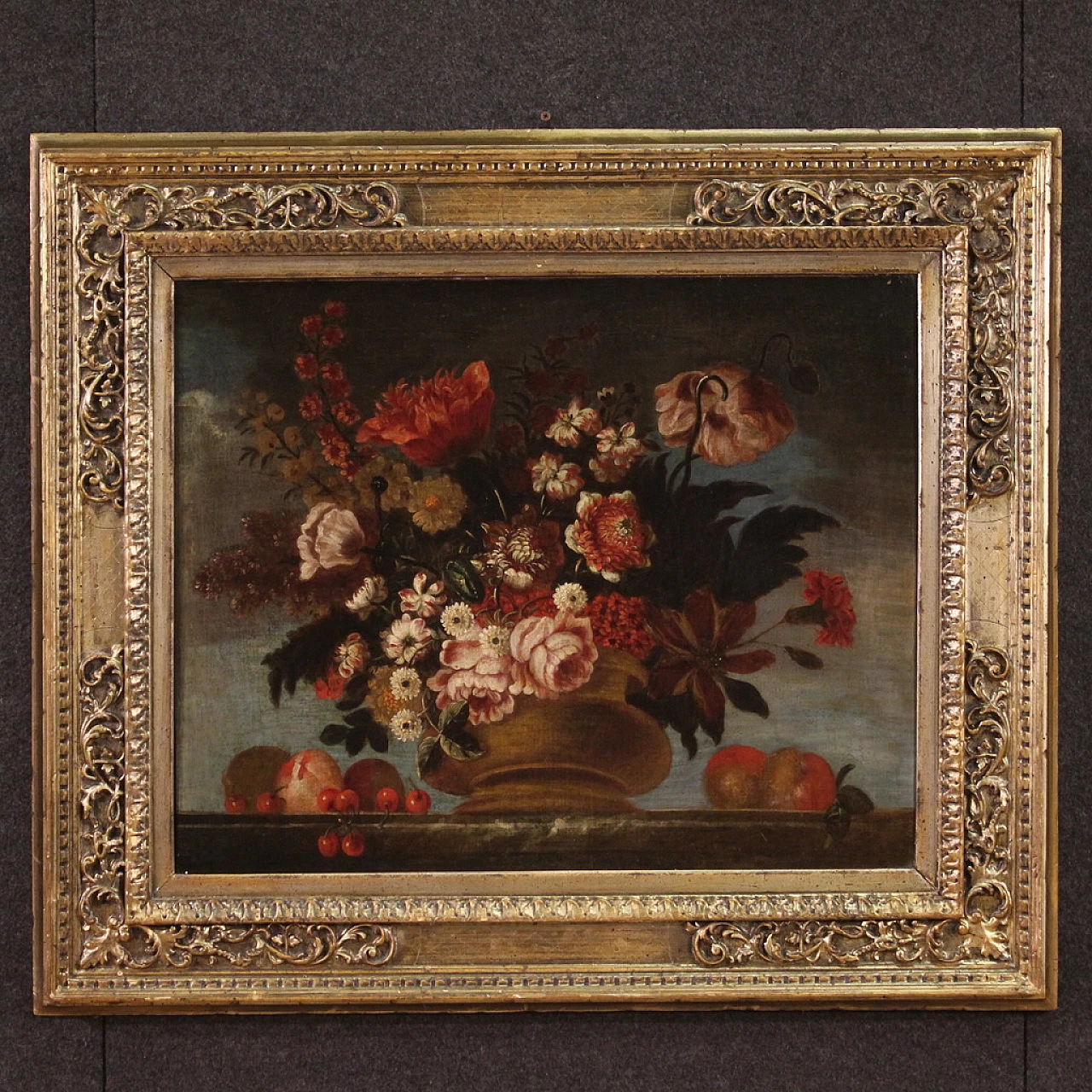 Still life with flower vase and fruit, oil on canvas, 18th century 1