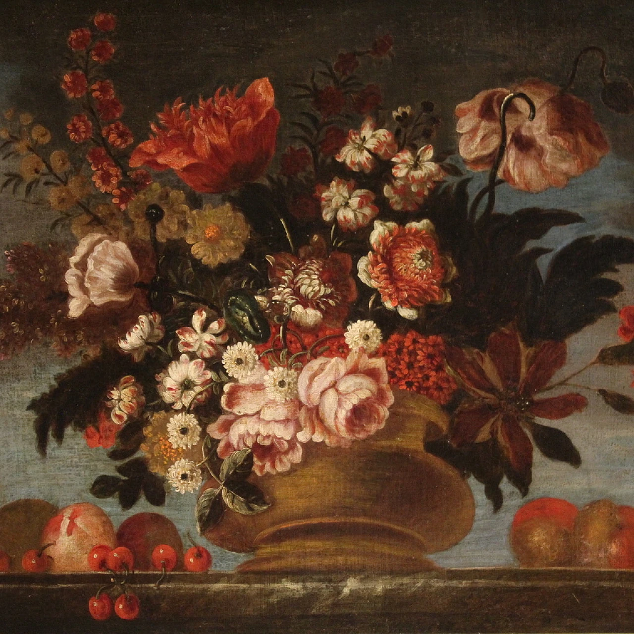 Still life with flower vase and fruit, oil on canvas, 18th century 2