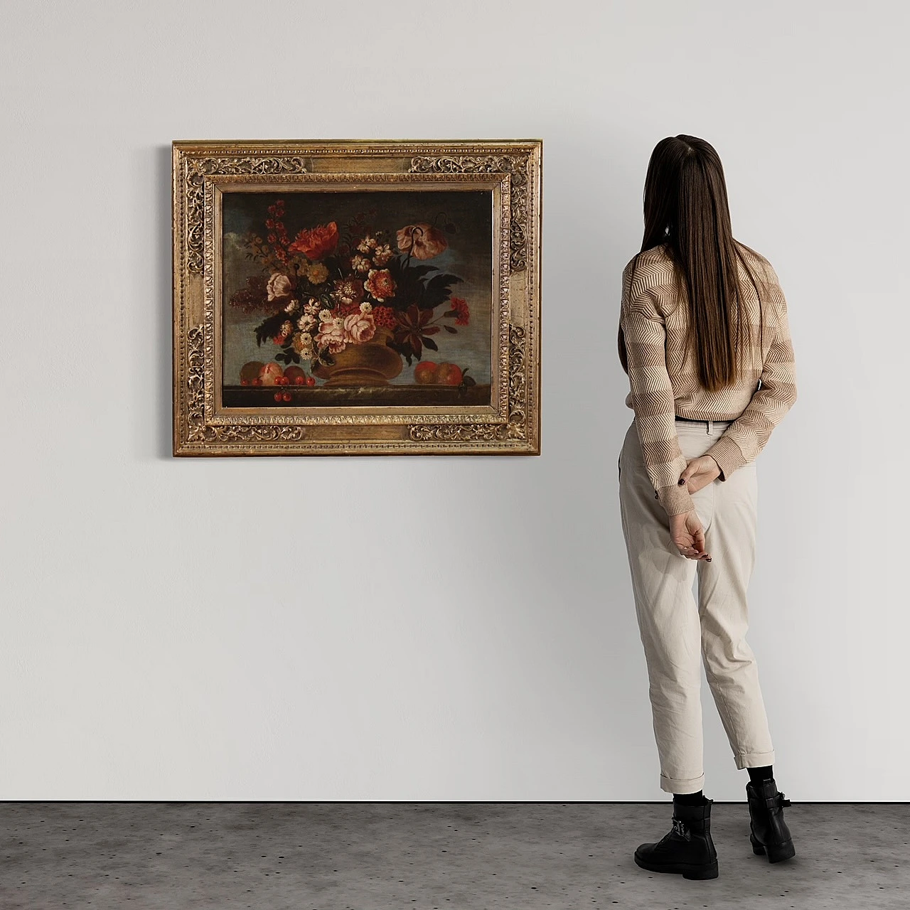 Still life with flower vase and fruit, oil on canvas, 18th century 3