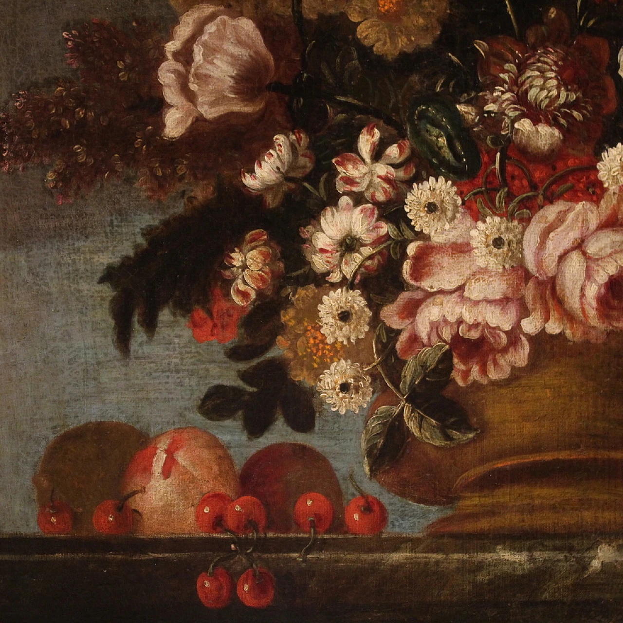 Still life with flower vase and fruit, oil on canvas, 18th century 4