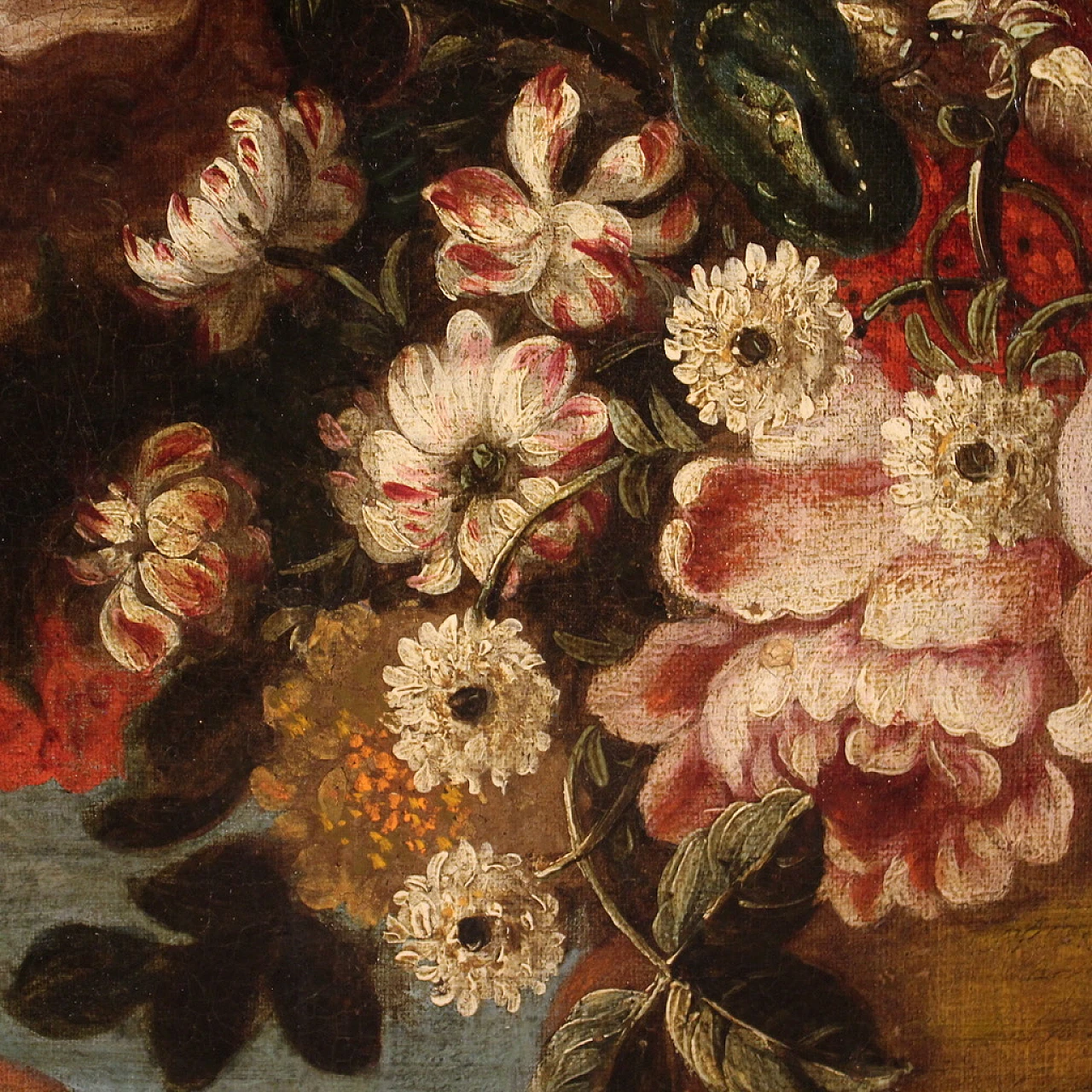 Still life with flower vase and fruit, oil on canvas, 18th century 6