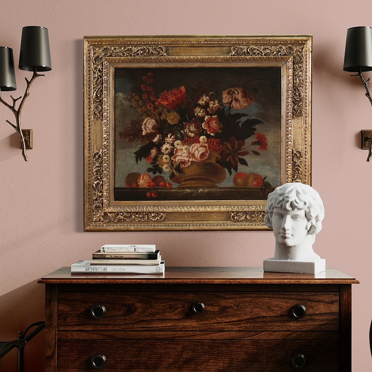 Still life with flower vase and fruit, oil on canvas, 18th century 7