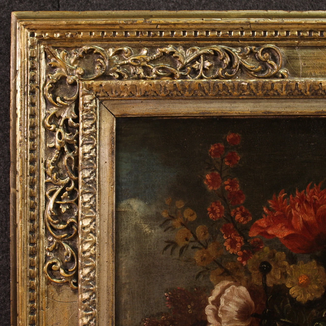 Still life with flower vase and fruit, oil on canvas, 18th century 9