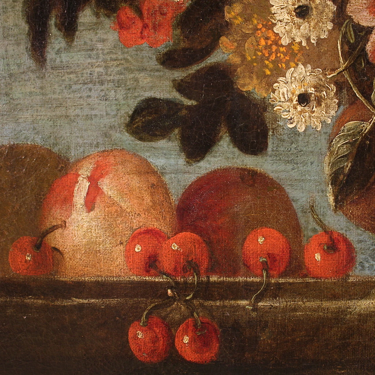 Still life with flower vase and fruit, oil on canvas, 18th century 14