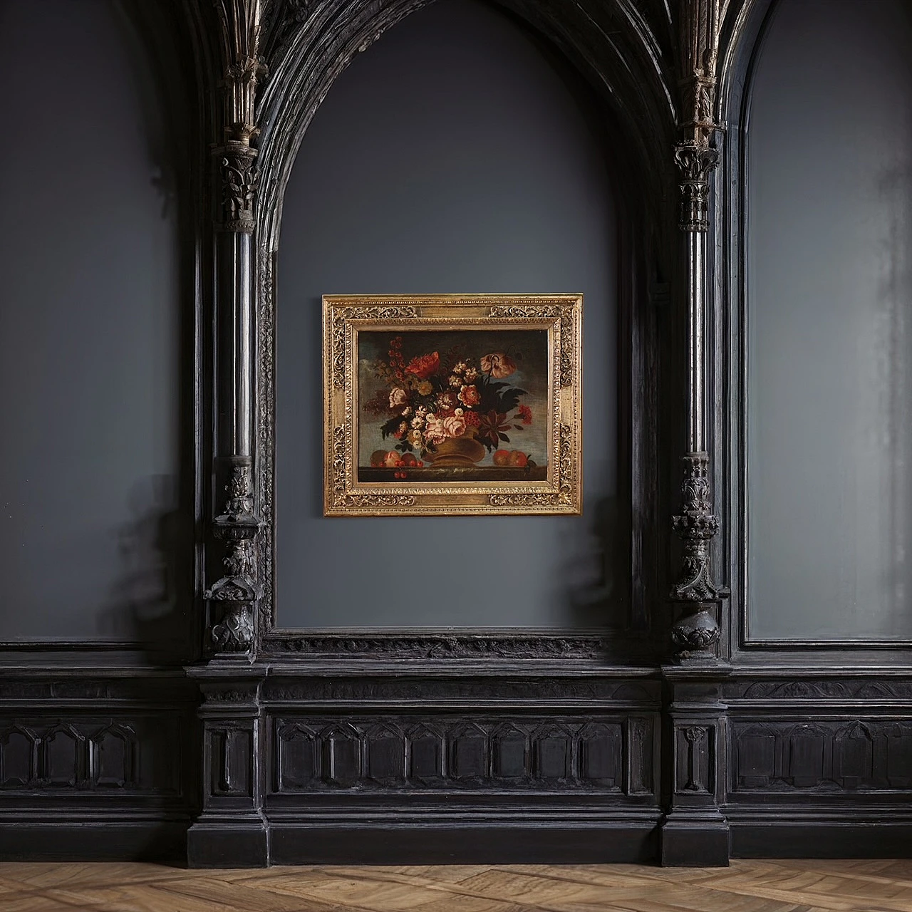 Still life with flower vase and fruit, oil on canvas, 18th century 15