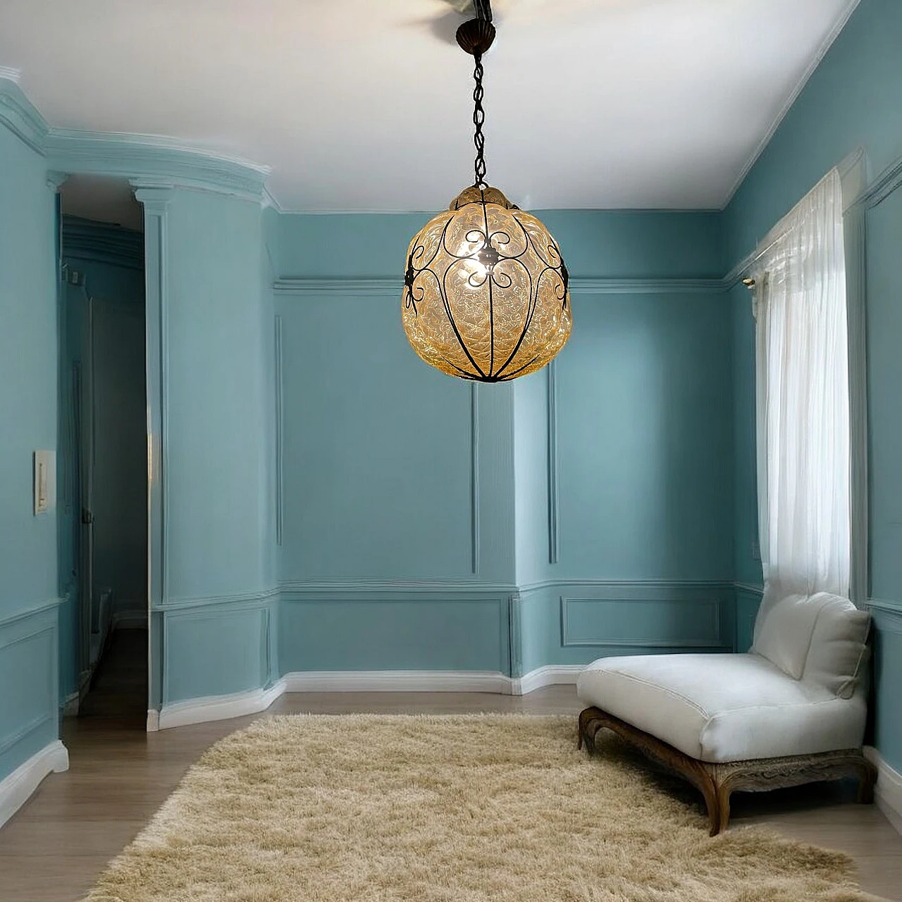 Lampada a sospensione in vetro di Murano e ferro battuto, anni '50 2