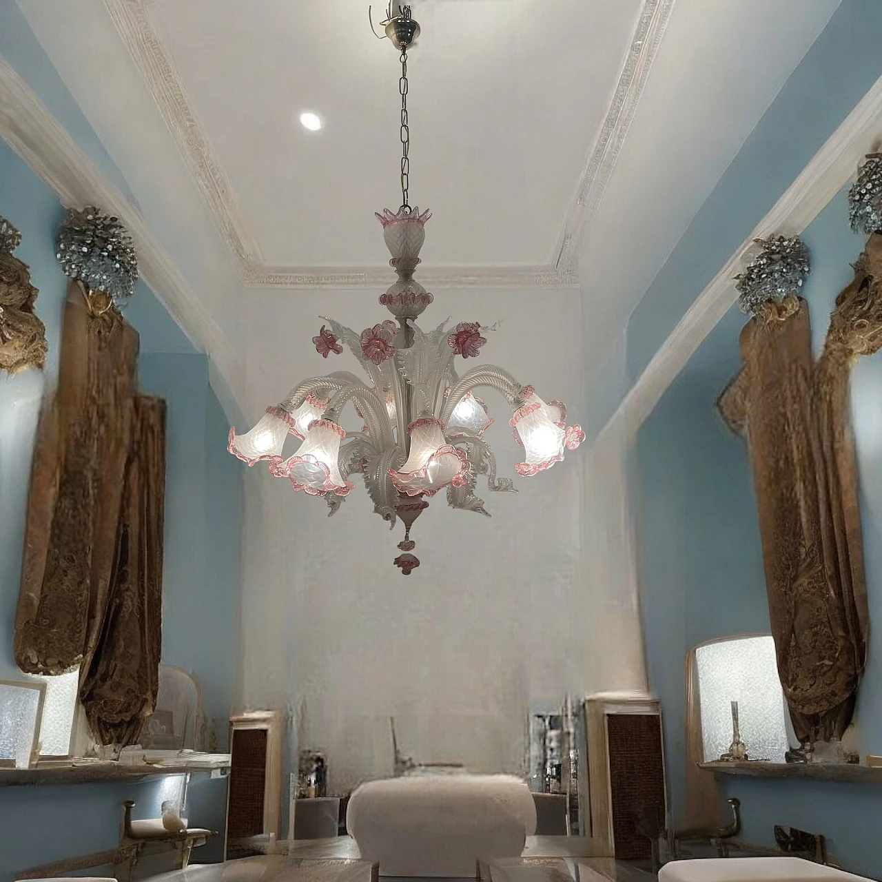 Lampadario in vetro di Murano bianco e rosa, anni '70 2