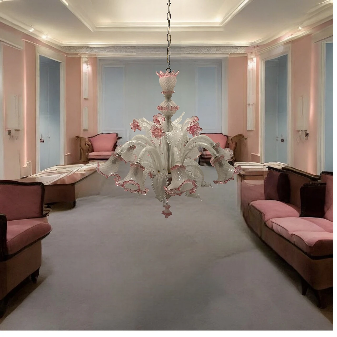 Lampadario in vetro di Murano bianco e rosa, anni '70 12