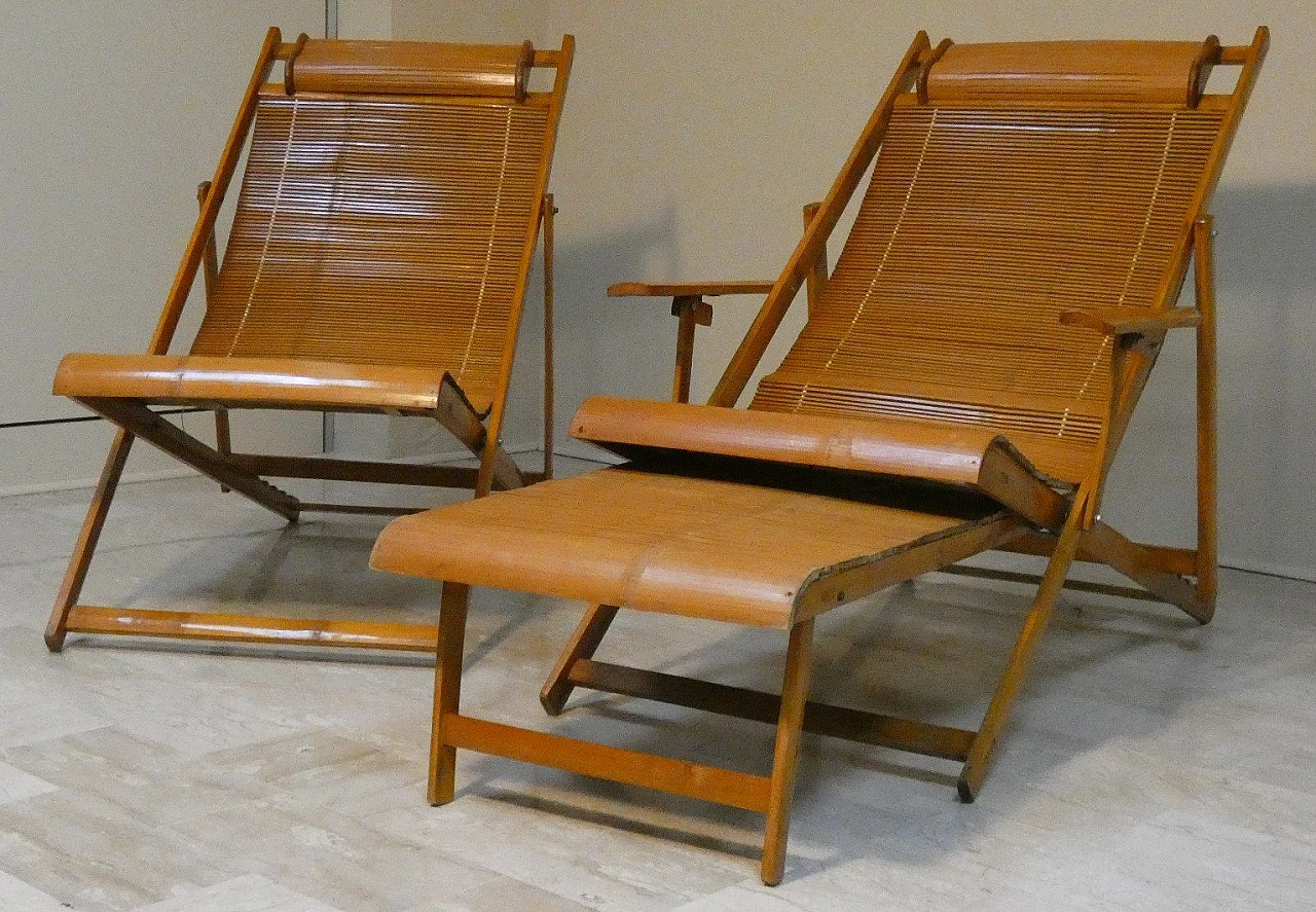 Sedia a sdraio pieghevole e chaise longue in bambù, anni '50 3