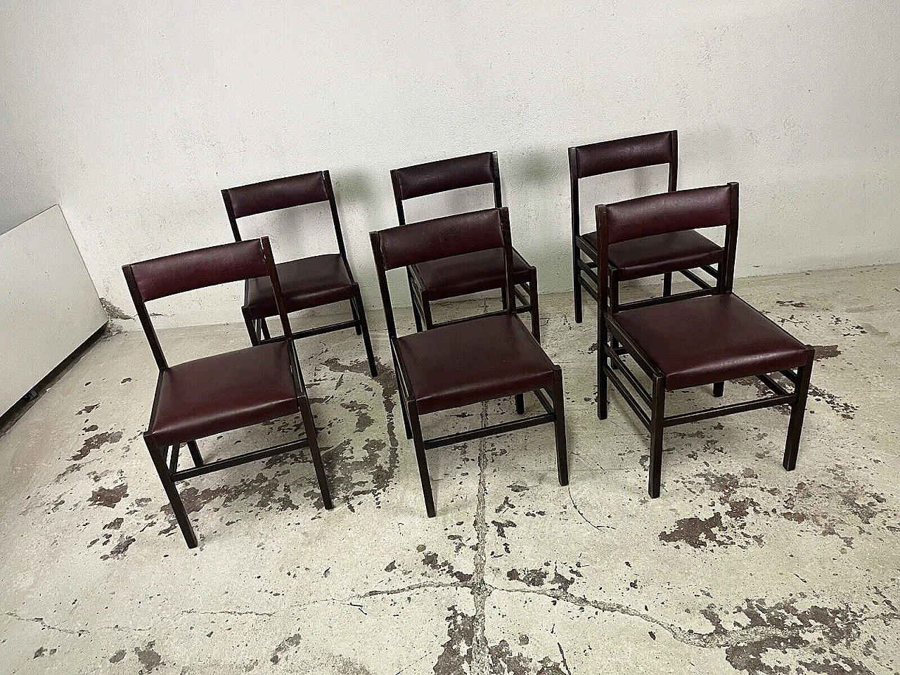 6 Chairs in rosewood and burgundy leather, 1960s 1