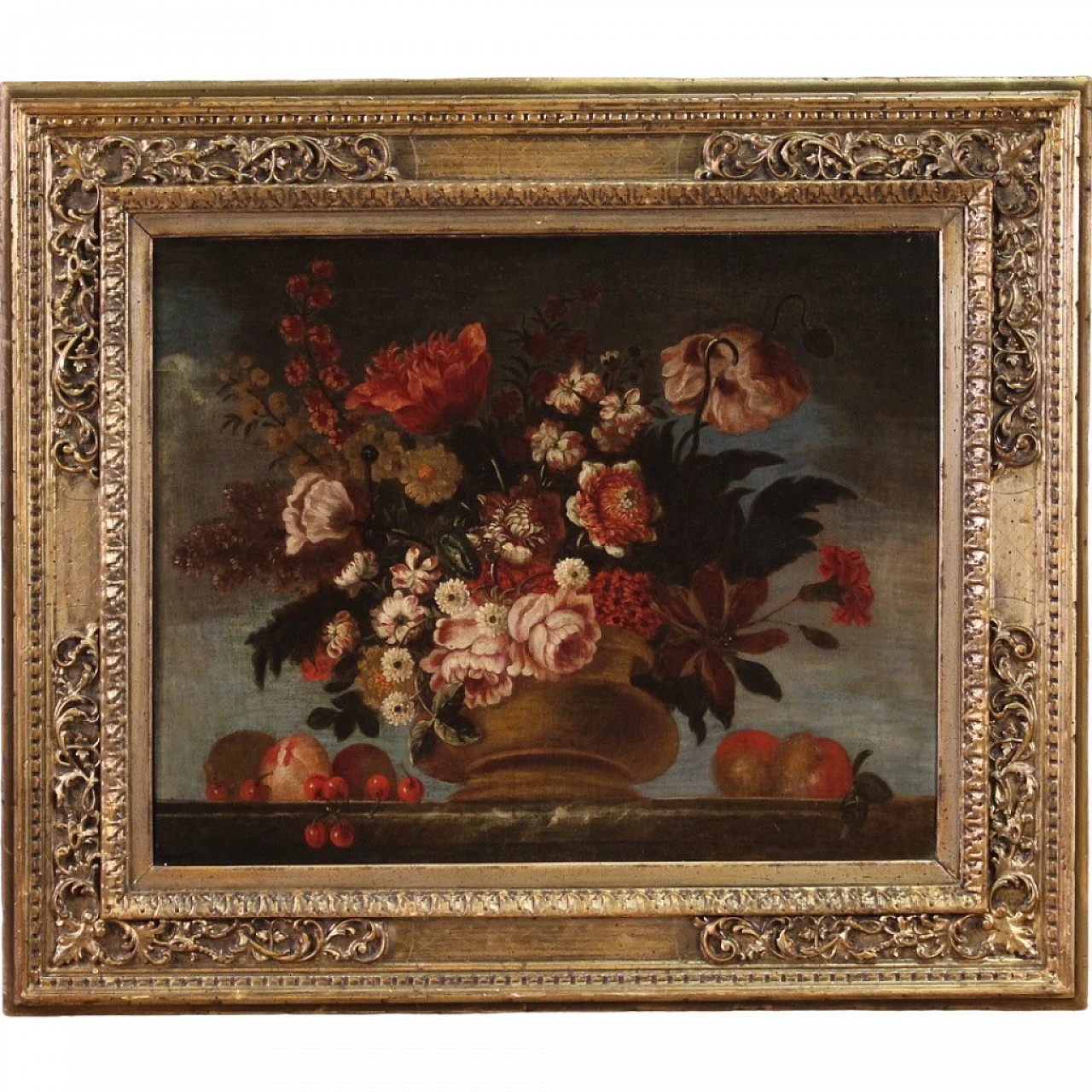 Still life with flower vase and fruit, oil on canvas, 18th century 16