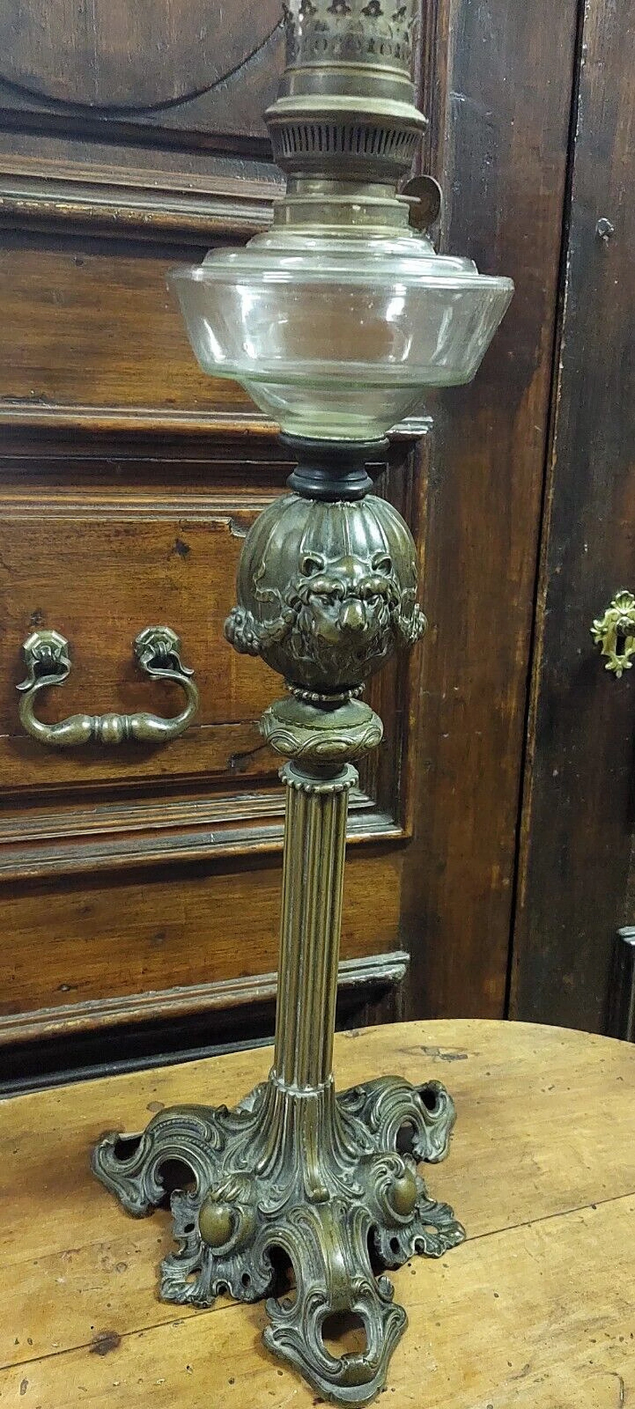 Lume a petrolio in bronzo e vetro, metà '800 6