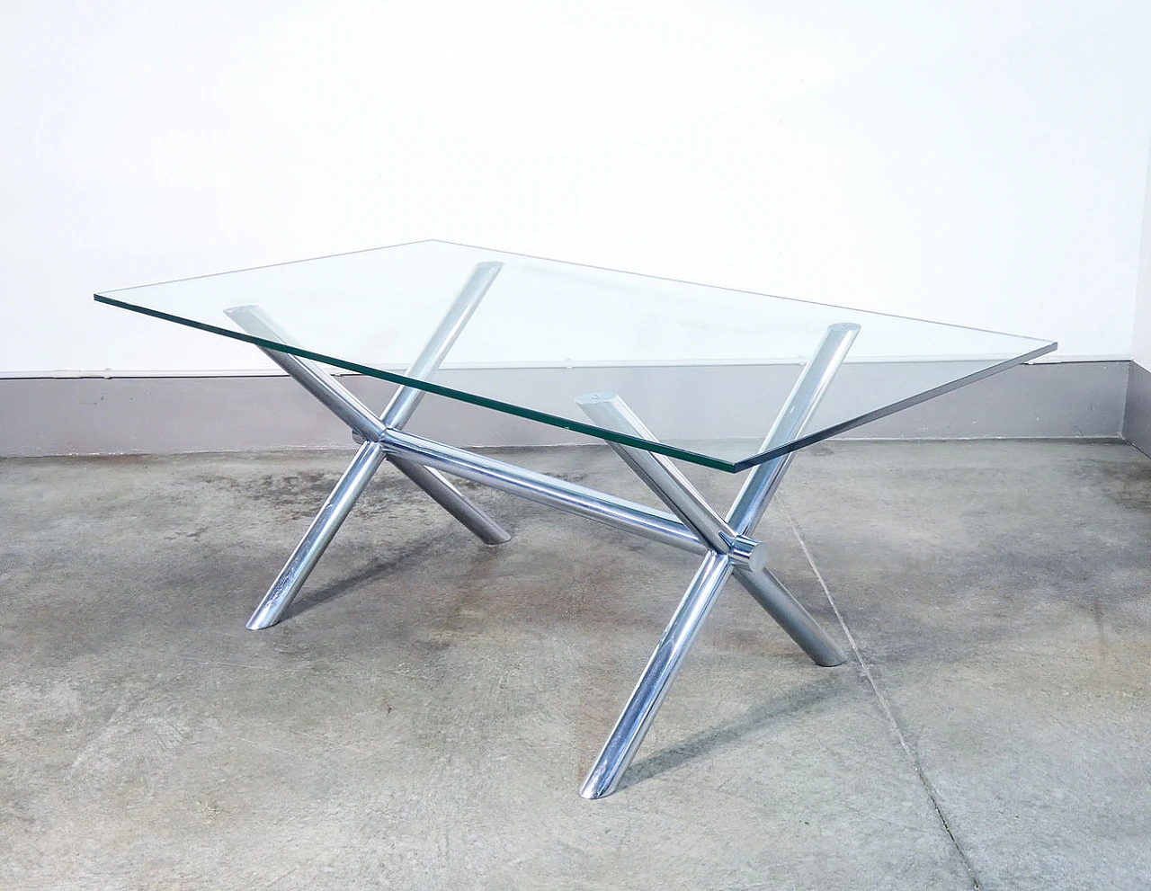 Table with glass top and chrome-plated metal frame, 1970s 1