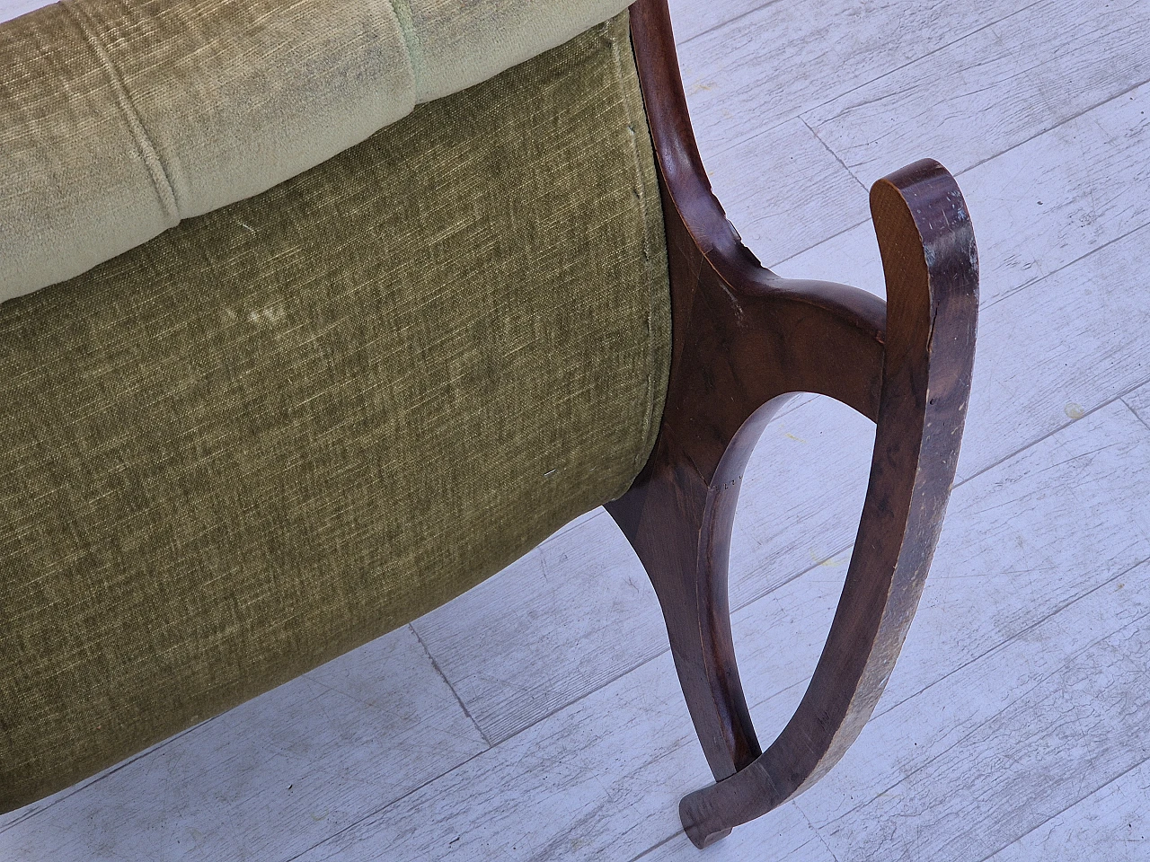 Sedia a dondolo scandinava in faggio e velluto verde, anni '50 21