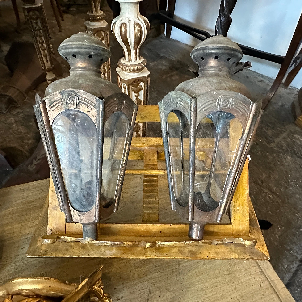 Pair of Art Nouveau procession candle lamps in copper & iron 2