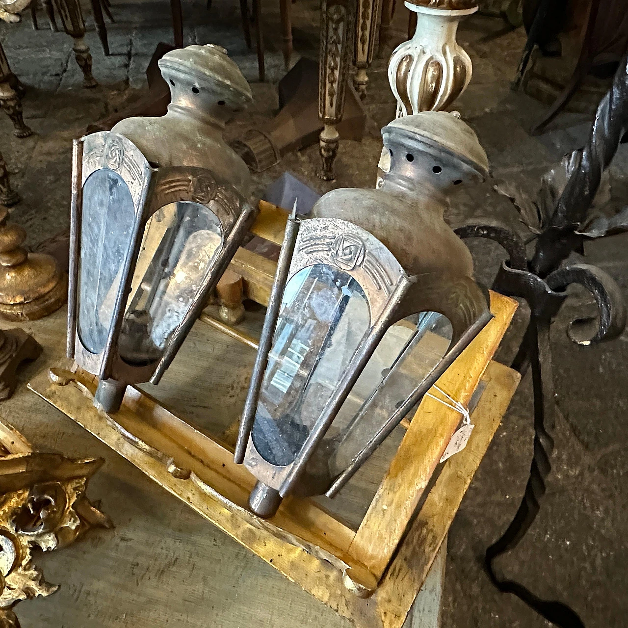 Pair of Art Nouveau procession candle lamps in copper & iron 3