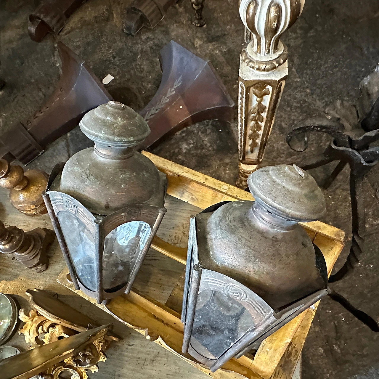 Pair of Art Nouveau procession candle lamps in copper & iron 5