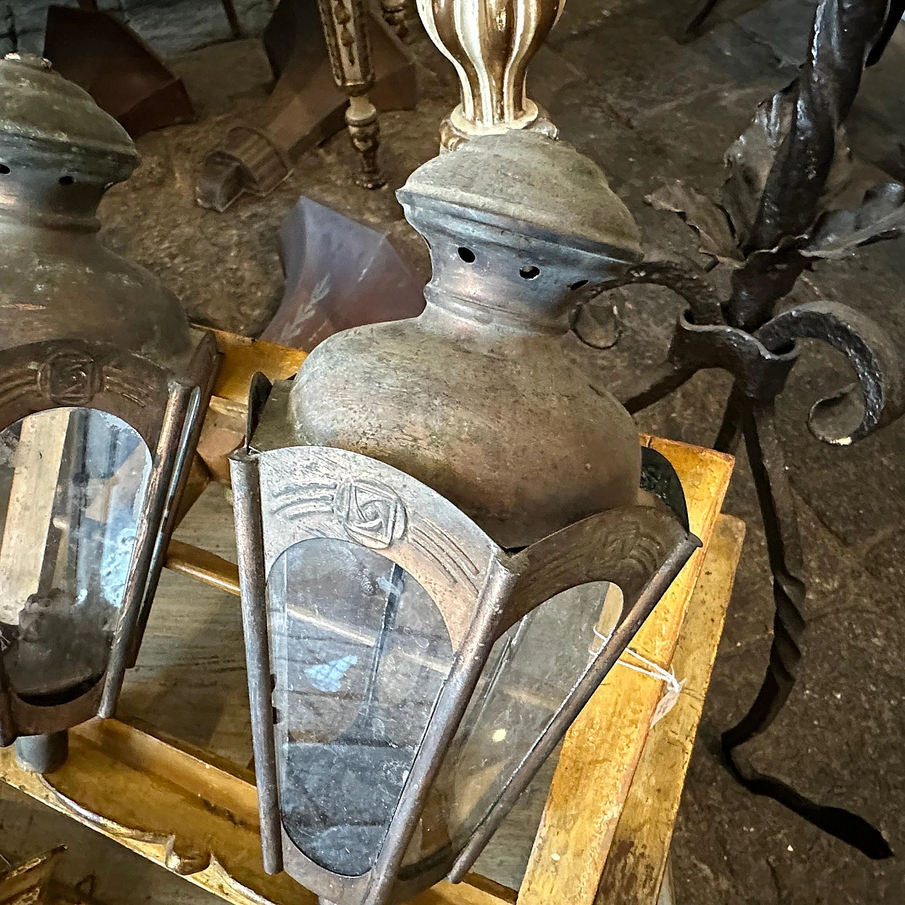 Pair of Art Nouveau procession candle lamps in copper & iron 6