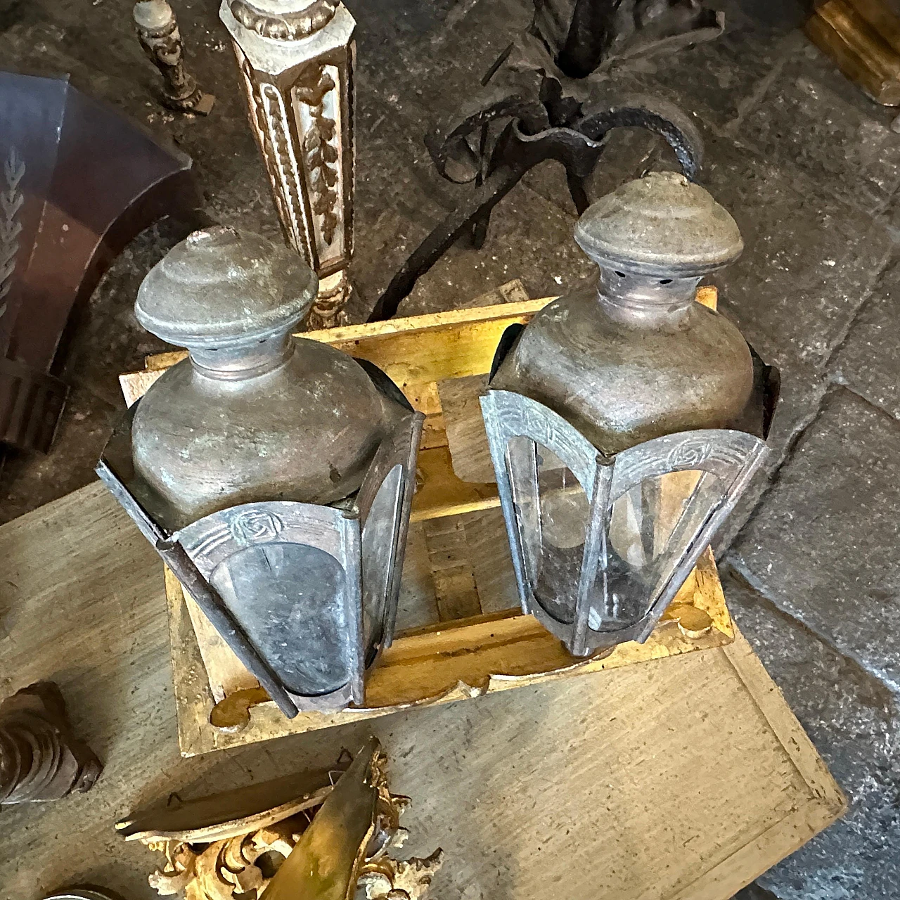 Pair of Art Nouveau procession candle lamps in copper & iron 7