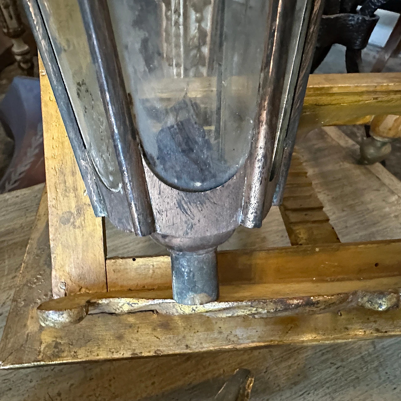 Pair of Art Nouveau procession candle lamps in copper & iron 8