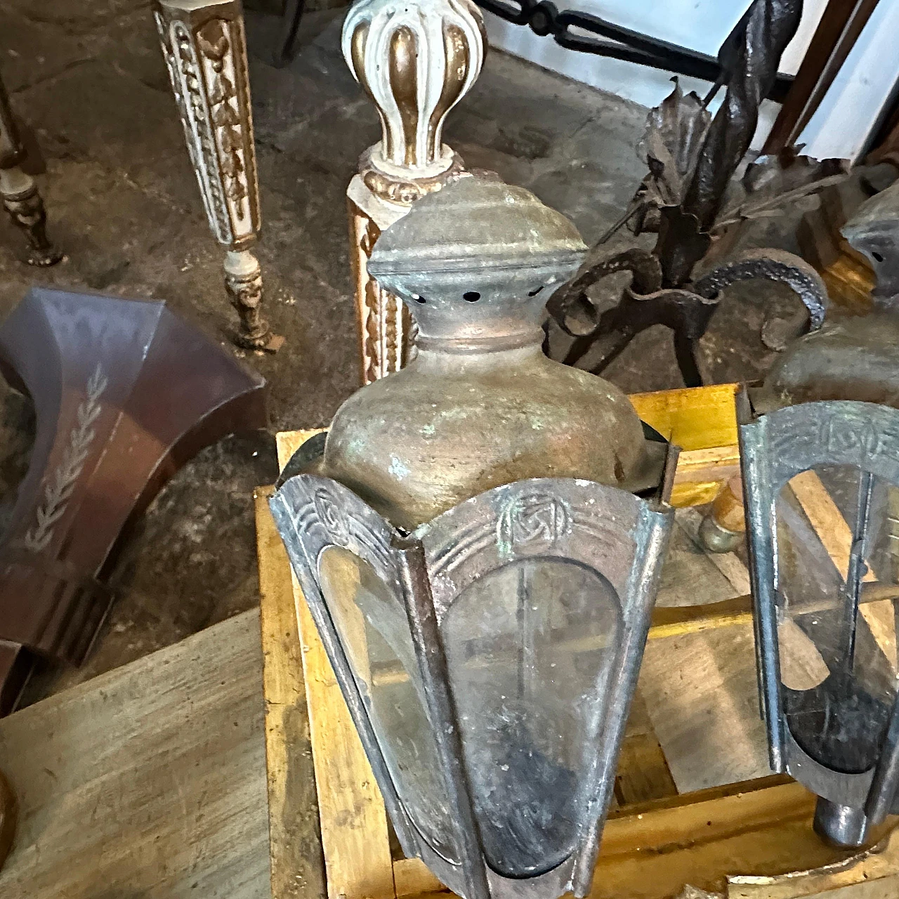 Pair of Art Nouveau procession candle lamps in copper & iron 9